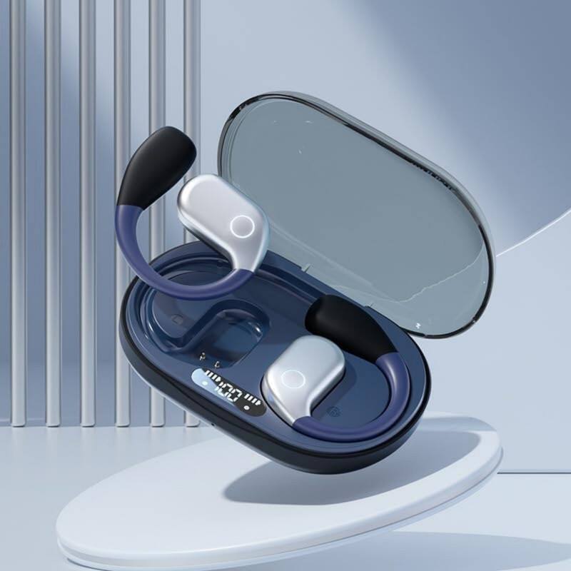 Front. RISOKEYS - Open-Ear Wireless Bluetooth Earbuds, Lightweight,Long Battery Life, Commuting, Gym - Comfort Fit, Dark blue.