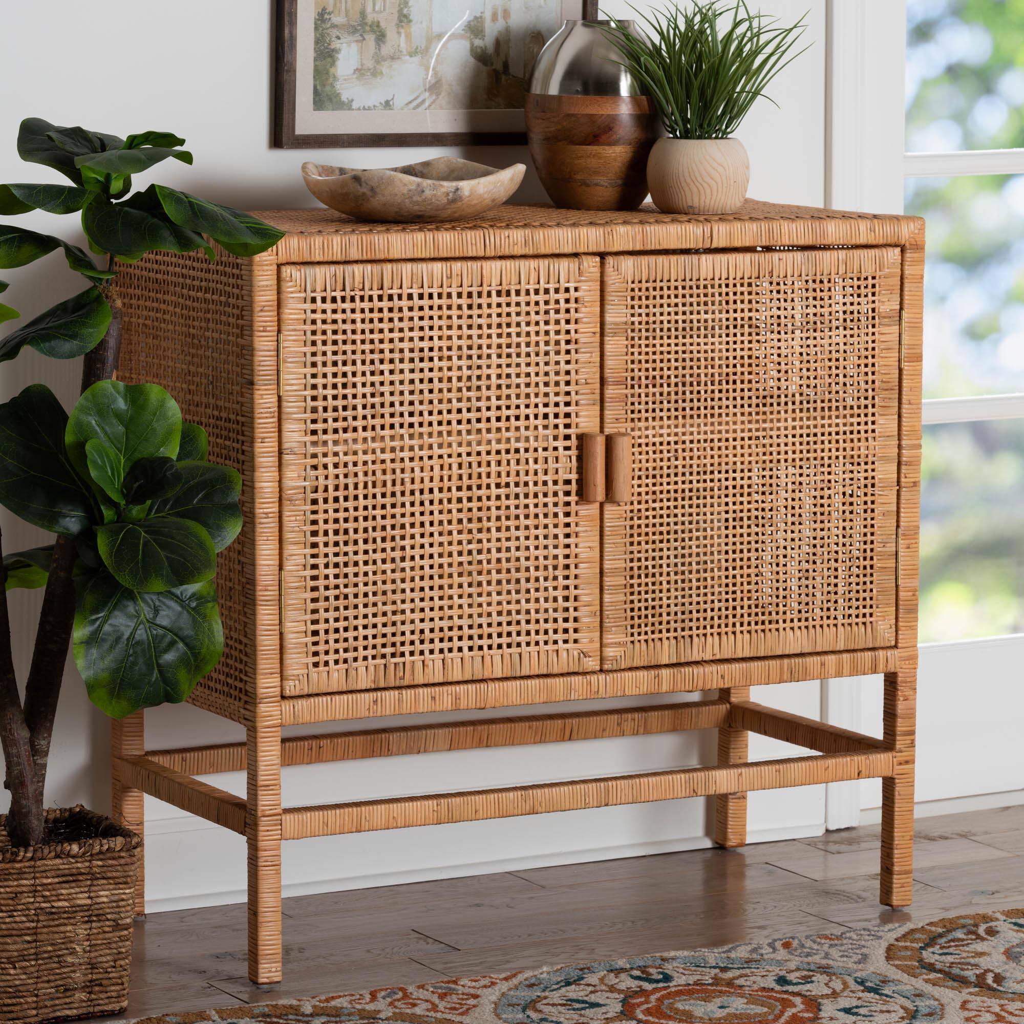 Alt View 5. bali & pari - Vivan Natural Rattan Storage Cabinet - 2-Tier Handwoven Wicker Accent Cabinet with Double Doors and Elevated Base - Natural Brown.