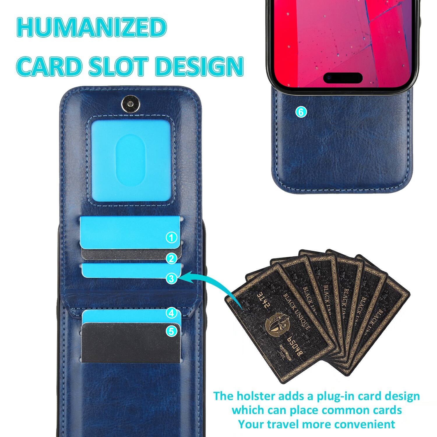 HUMANIZED CARD SLOT DESIGN

The holster adds a plug-in card design which can place common cards. Your travel more convenient