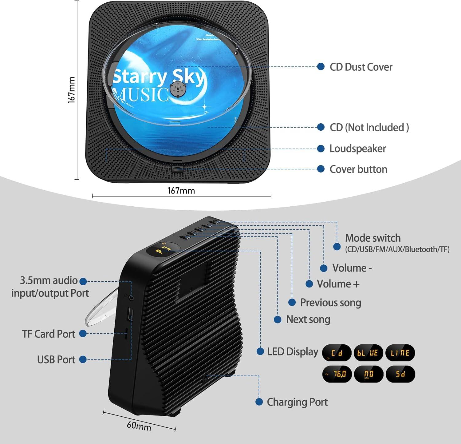L - 167mm Starry Sky MUSIC CD Dust Cover CD (Not Included) Loudspeaker Cover button 167mm 3.5mm audio input/output Port TF Card Port USB Port PJ Mode switch (CD/USB/FM/AUX/Bluetooth/TF) Volume- Volume + Previous song Next song LED Display d bL UE LI 16,0 5d Charging Port 60mm