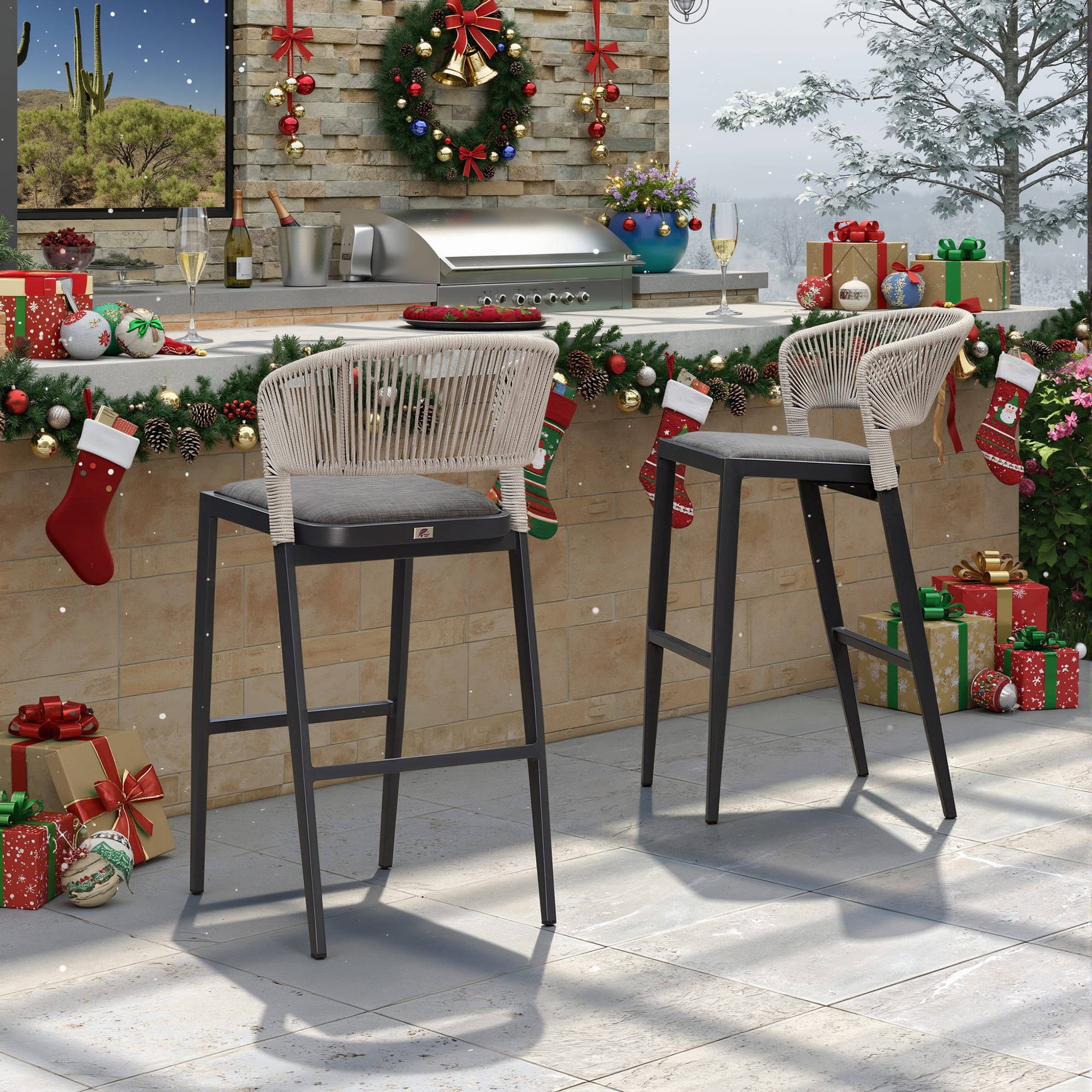 PURPLE LEAF - Outdoor Bar Stool Set of 2 Rattan Bar Stools with Back Metal Bar Height Stool Outdoor Bar Chair for Garden Kitchen - Dark Grey-Bar Height