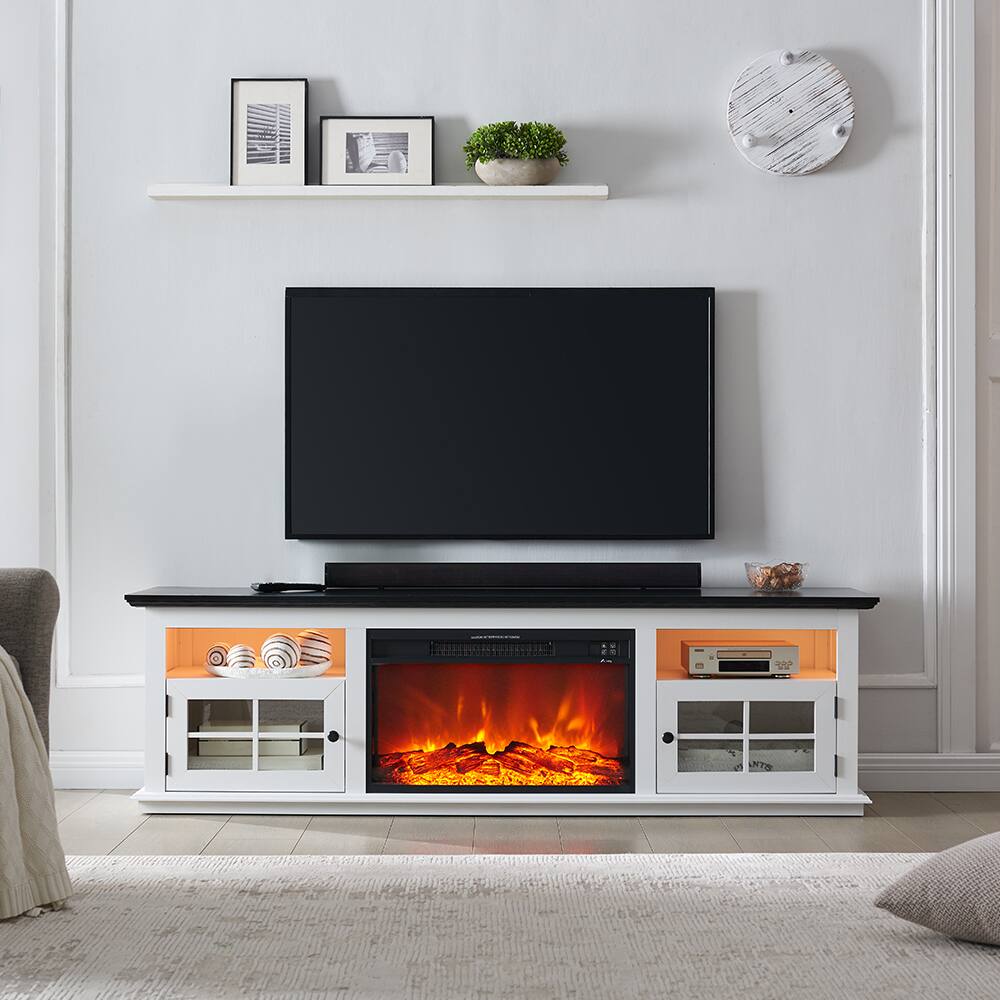 Angle. Living Essentials Corp - Richmond Unfold™ 72" Off White Farmhouse Fireplace TV Stand with Cabinet Doors, Entertainment Center and Media Console - White.