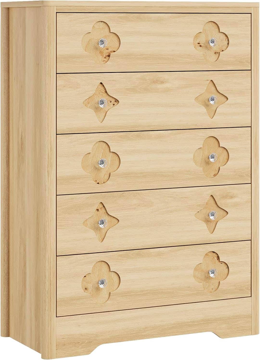 Acekool - Fluted Dresser for Bedroom 5 Drawer 42.9 Inch Tall Chest Large Storage Wood Dresser and TV Stand Oak - Natural