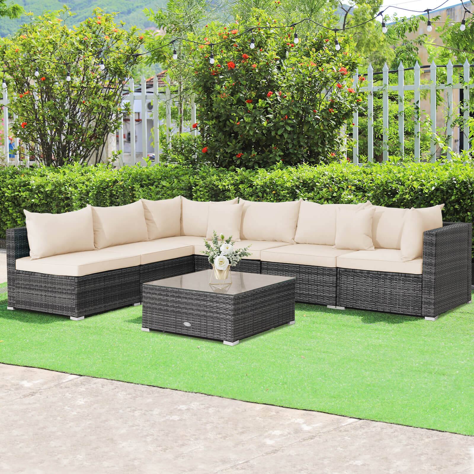 Alt View 3. Costway - 7PCS Patio Rattan Furniture Set Sectional Sofa Cushioned Garden - Mix Gray,Brown.