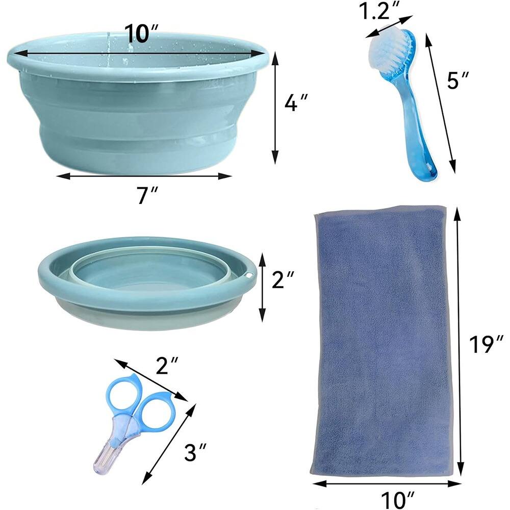 - 10" (diameter of the basin)
- 7" (width of the basin)
- 4" (height of the basin)
- 1.2" (diameter of the brush head)
- 5" (length of the brush handle)
- 2" (diameter of the smaller basin)
- 2" (width of the scissors)
- 3" (length of the scissors)
- 19" (height of the towel)
- 10" (width of the towel)