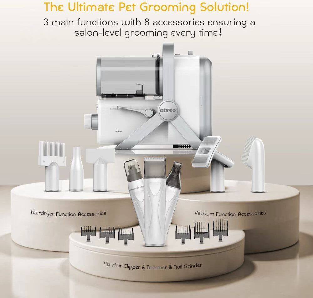 The Ultimate Pet Grooming Solution!  
3 main functions with 8 accessories ensuring a salon-level grooming every time!  

- Hairdryer Function Accessories  
- Vacuum Function Accessories  
- Pet Hair Clipper & Trimmer & Nail Grinder