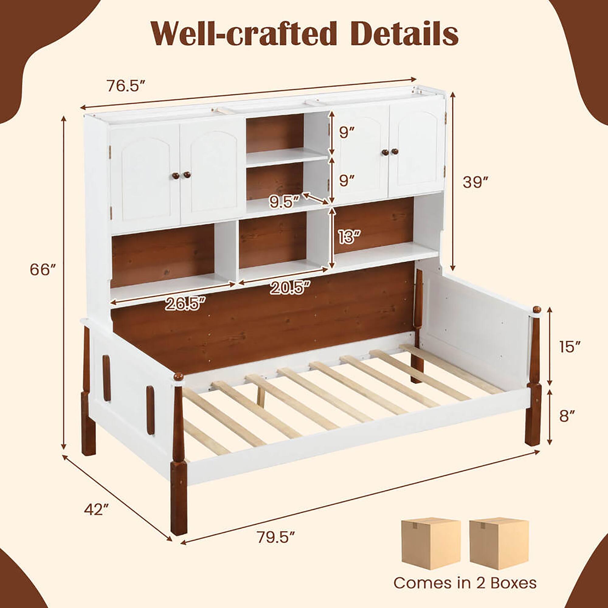 Well-crafted Details

- 76.5" (height)
- 39" (width)
- 66" (depth)
- 42" (height of lower section)
- 79.5" (length)
- 26.5" (width of lower section)
- 20.5" (depth of lower section)
- 9" (height of shelves)
- 9.5" (height of cabinet doors)
- 13" (depth of shelves)
- 15" (height of side panels)
- 8" (height of side panels at bottom)
- Comes in 2 Boxes