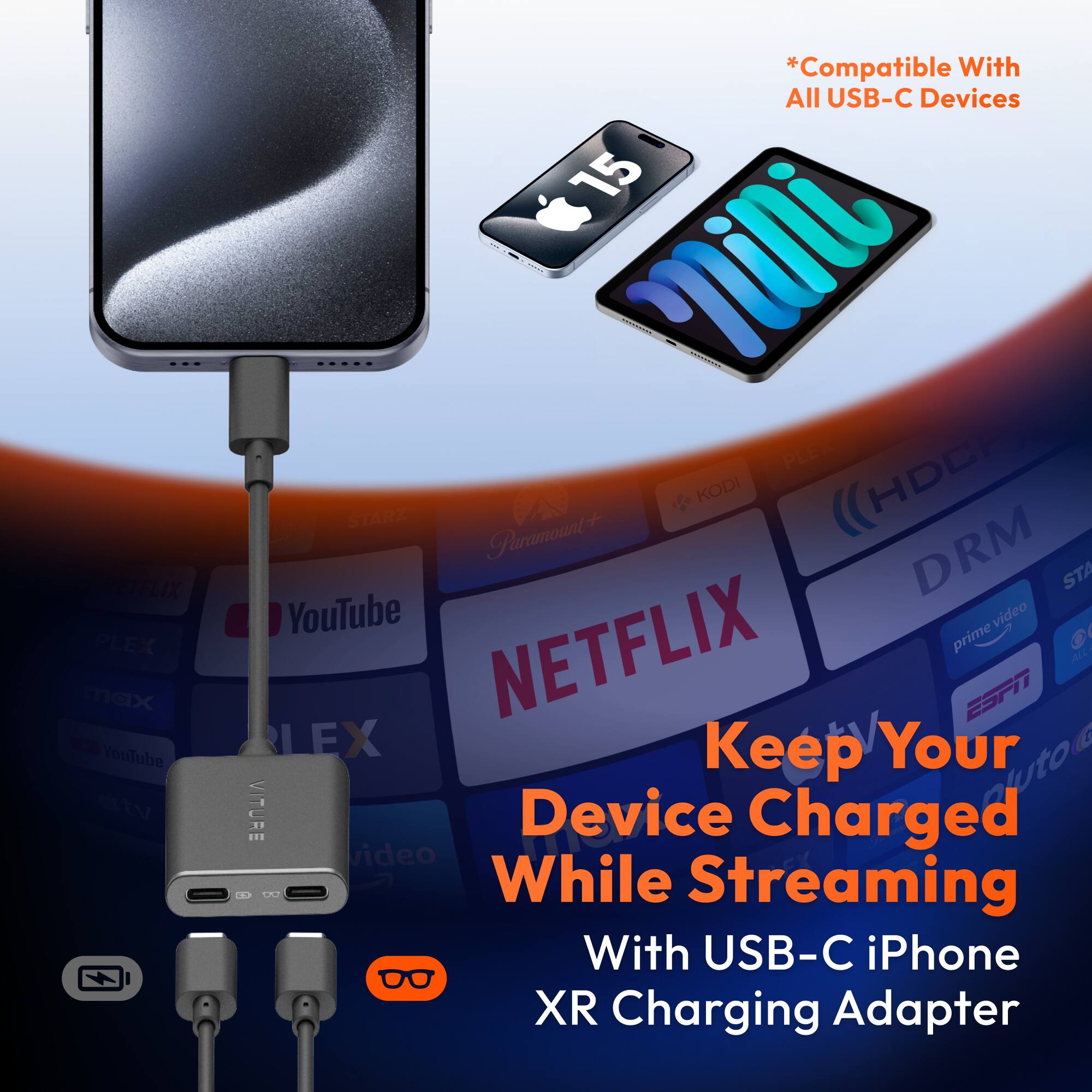 SLIX PLEX max YouTube TV *Compatible With All USB-C Devices 15 mini PLEX Paramount+ KODI (HDCI DRM) YouTube prime video NETFLIX ESPN ALL Keep Your Device Charged While Streaming With USB-C iPhone XR Charging Adapter