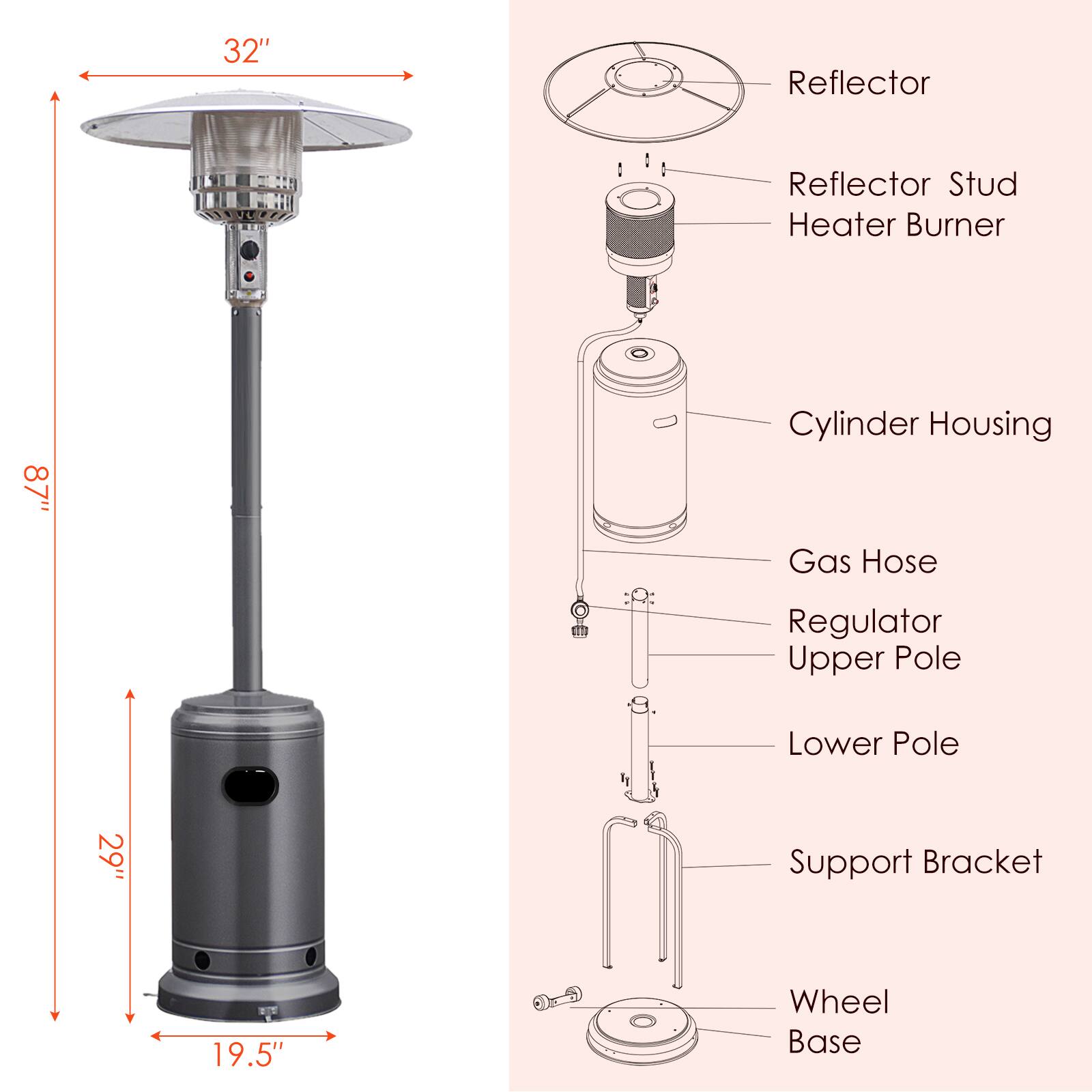 32"
Reflector
Reflector Stud Heater Burner
87"
Cylinder Housing Gas Hose
Regulator Upper Pole
Lower Pole
29"
Support Bracket
19.5"
Wheel Base