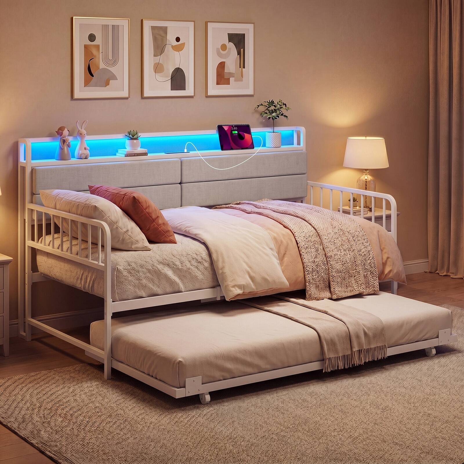 Alt View 4. Costway - Costway Daybed with Trundle LED Lights Charging Station Upholstered Storage Headboard - White.