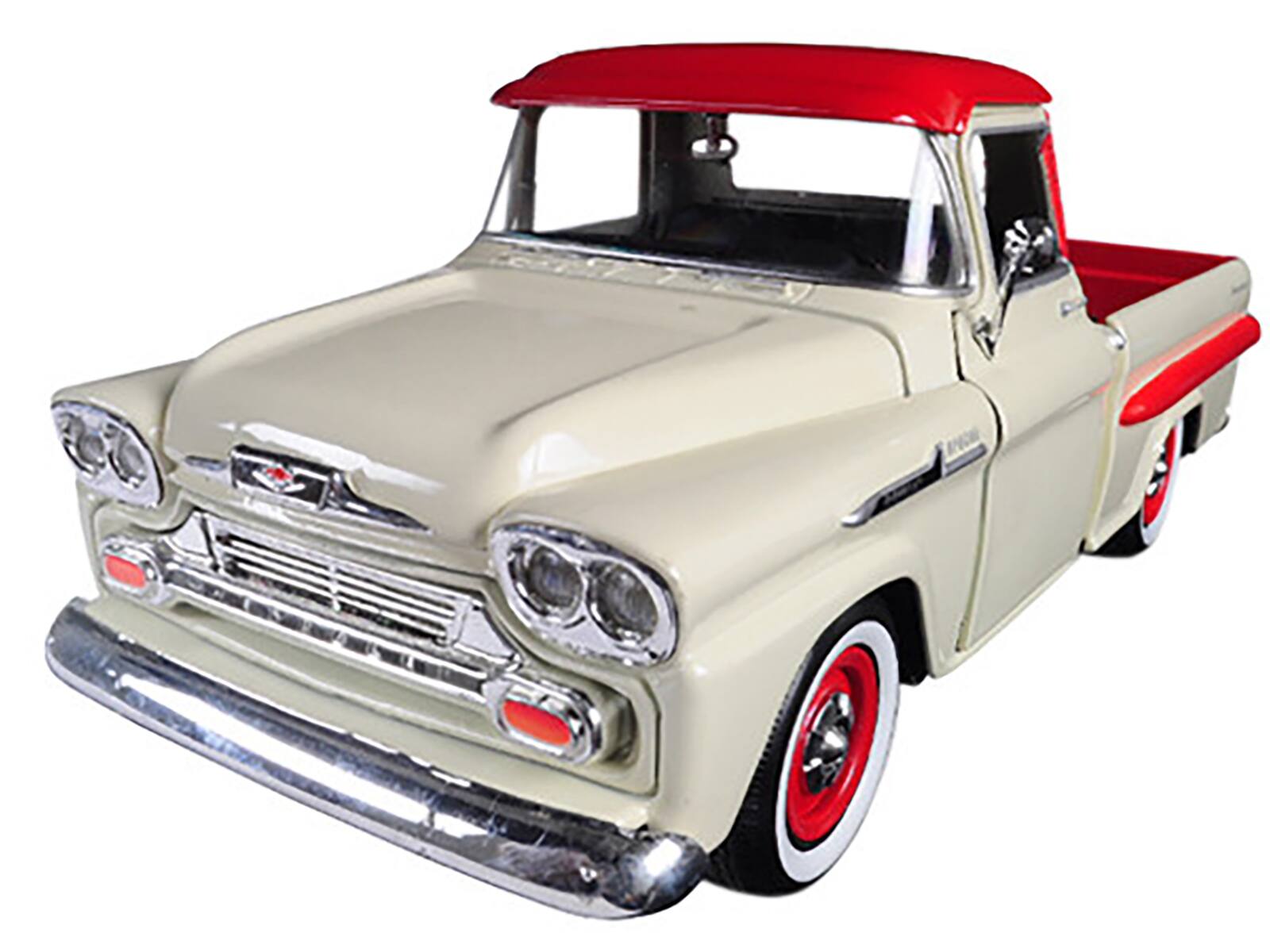 Angle. Motormax - 1958 Chevrolet Apache Fleetside Pickup Truck Cream with Red Top 1/24 Diecast Model Car by Motormax - Cream with Red.