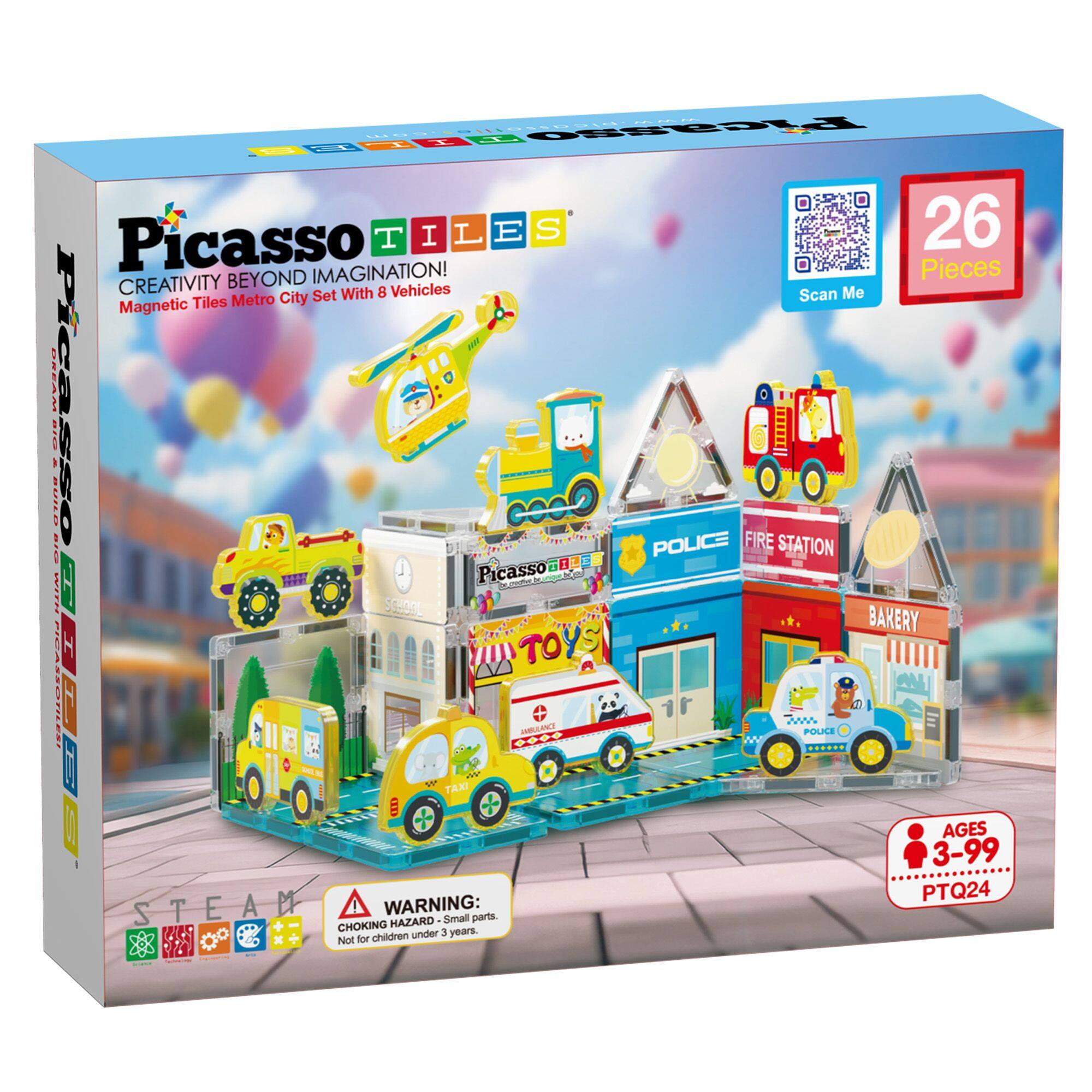 Picasso Tiles, Creativity Beyond Imagination! Magnetic Tiles Metro City Set with 8 Vehicles. 26 Pieces. Scan Me. Picasso. 8.- V ...... O55 cooD Feg. Police, Fire Station, Bakery, Toys, Taxi, Munl. Picasso. Steam. Ages 3-99. PTQ24. Warning: Choking Hazard. Small parts. Not for children under 3 years.