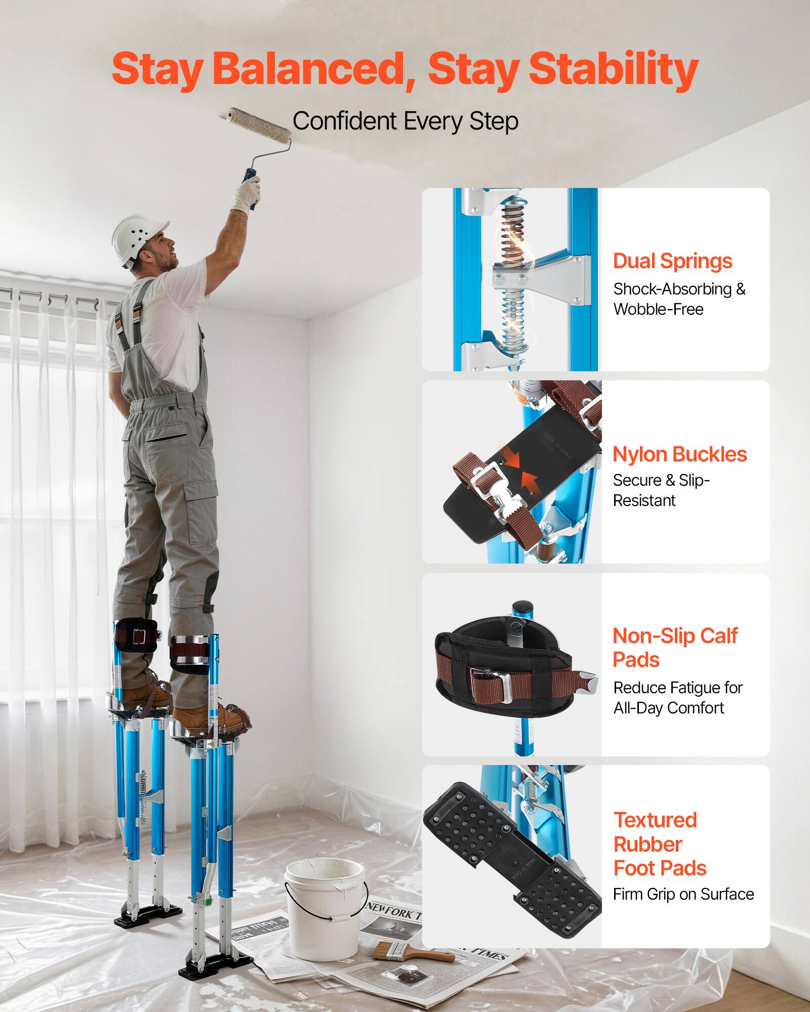 Stay Balanced, Stay Stability  
Confident Every Step  

Dual Springs  
Shock-Absorbing & Wobble-Free  

Nylon Buckles  
Secure & Slip-Resistant  

Non-Slip Calf Pads  
Reduce Fatigue for All-Day Comfort  

Textured Rubber Foot Pads  
Firm Grip on Surface