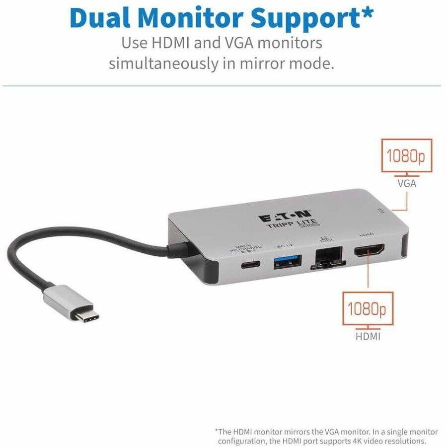 Dual Monitor Support*  
Use HDMI and VGA monitors simultaneously in mirror mode.  

1080p VGA  
1080p HDMI  

*The HDMI monitor mirrors the VGA monitor. In a single monitor configuration, the HDMI port supports 4K video resolutions.