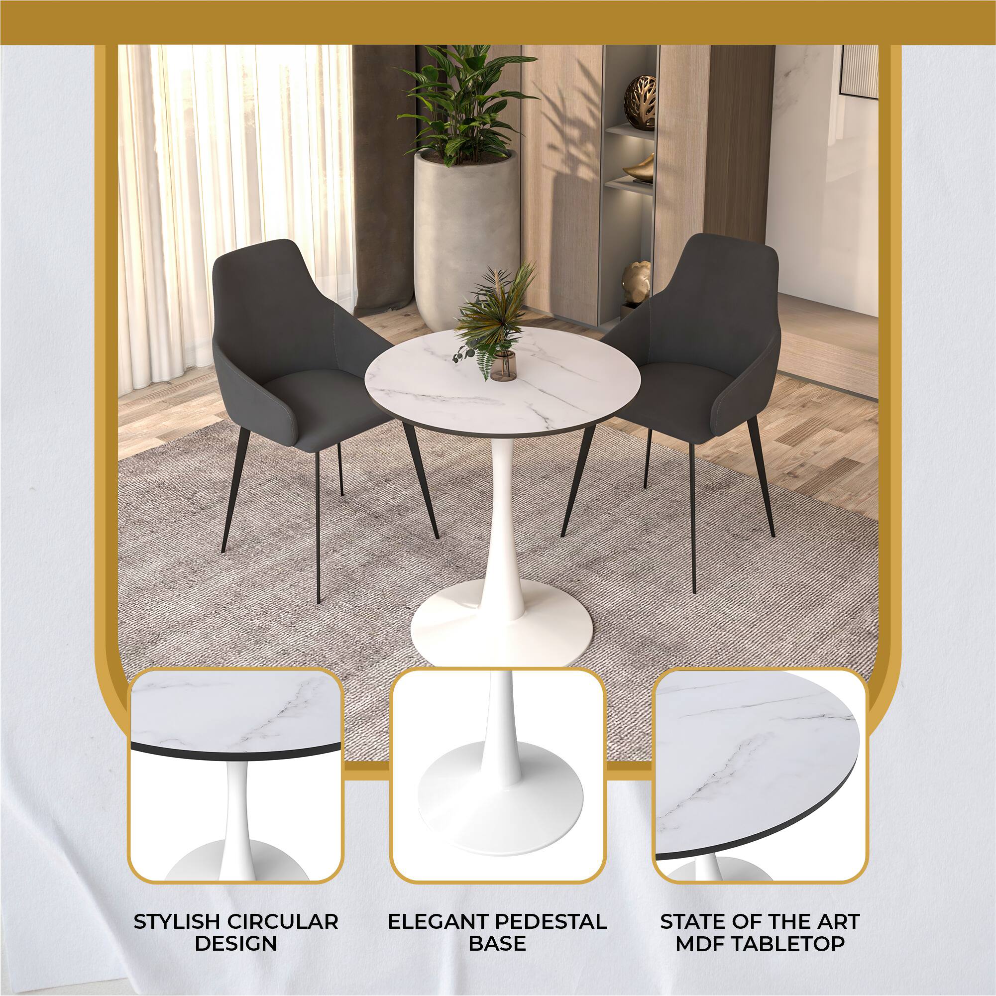 STYLISH CIRCULAR ELEGANT PEDESTAL STATE OF THE ART DESIGN BASE MDF TABLETOP

- STYLISH CIRCULAR DESIGN
- ELEGANT PEDESTAL BASE
- STATE OF THE ART MDF TABLETOP