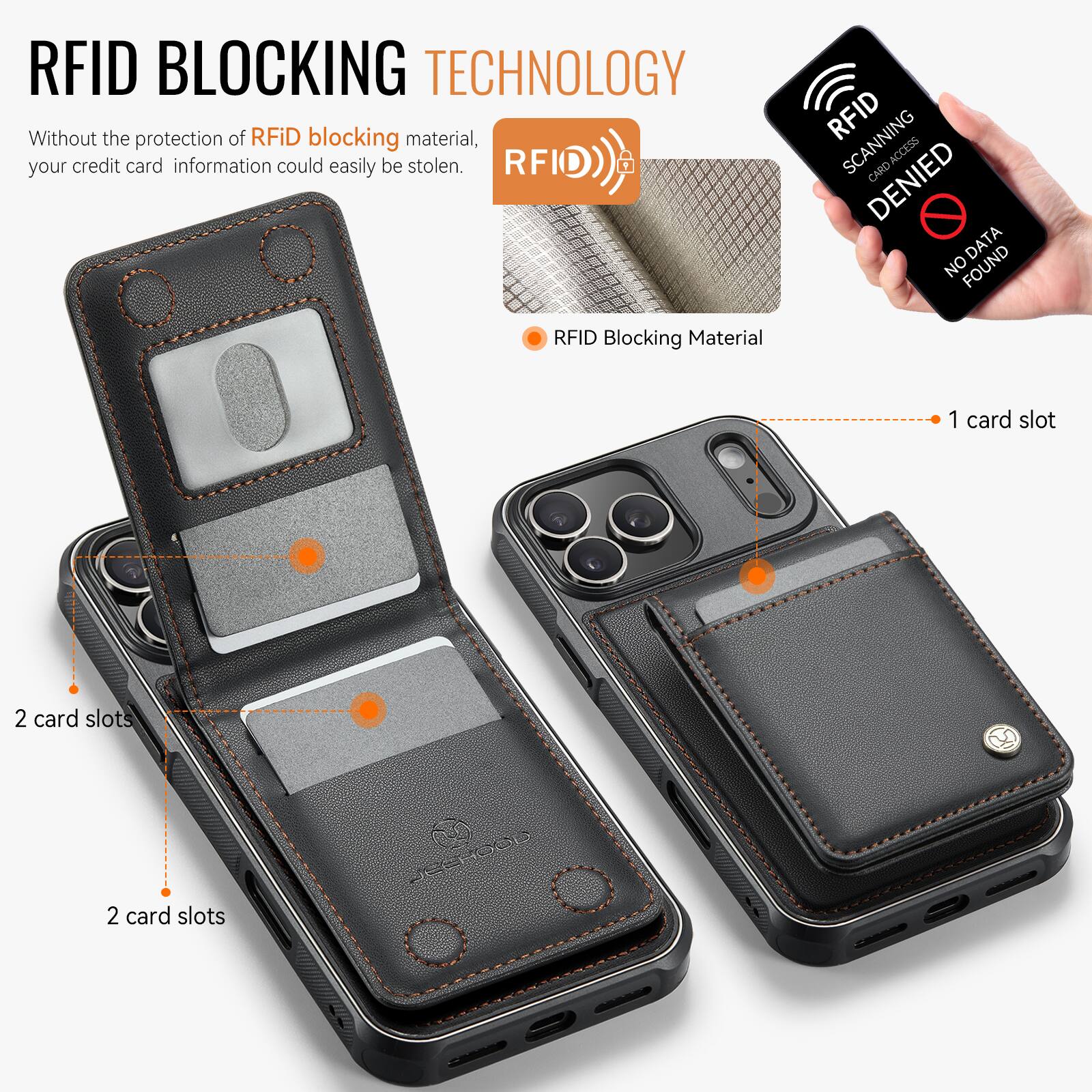 RFID BLOCKING TECHNOLOGY

Without the protection of RFID blocking material, your credit card information could easily be stolen.

RFID Blocking Material

1 card slot

2 card slots

2 card slots
