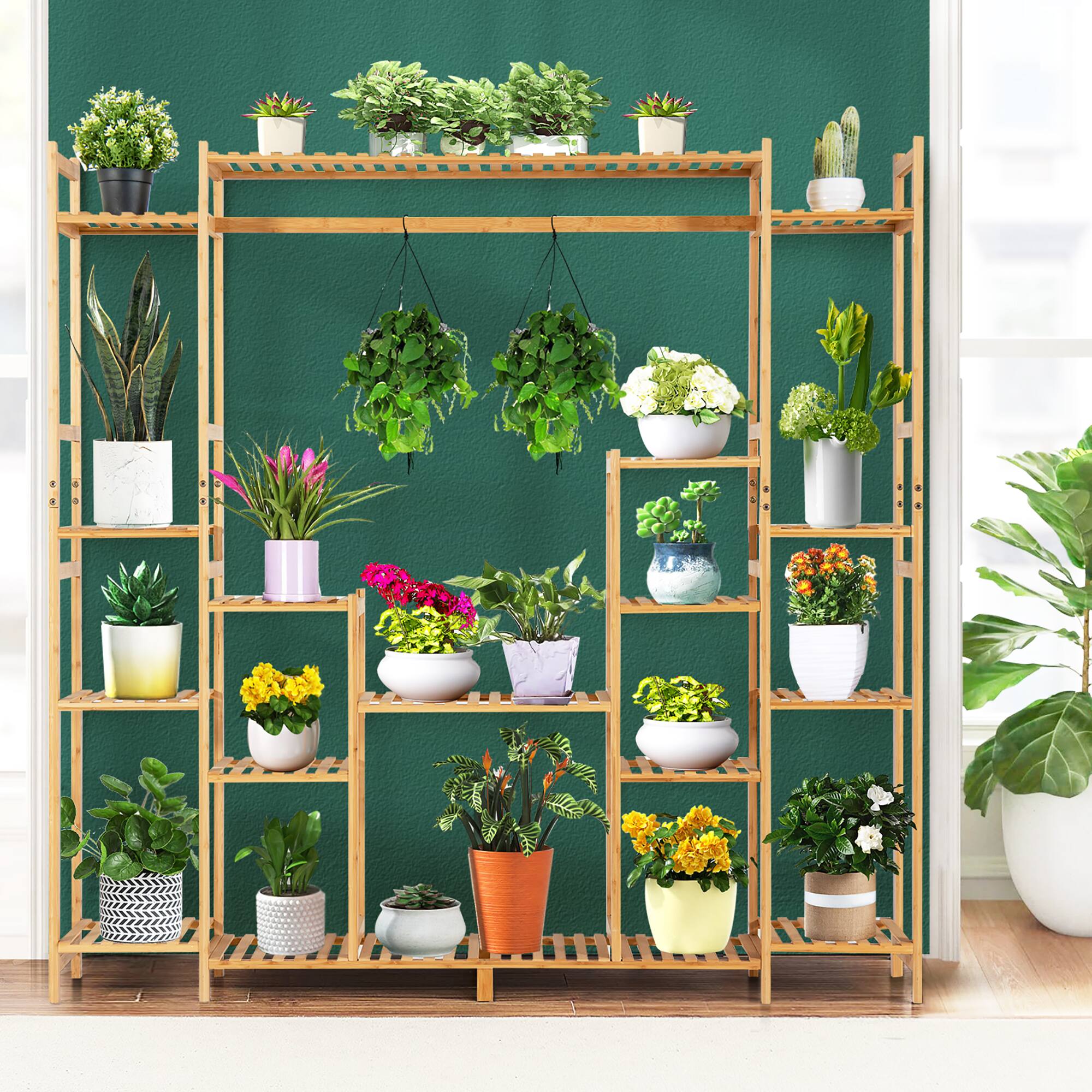 Alt View 4. Costway - 9-Tier Bamboo Plant Stand Potted Holder w/Hanging Rack Tall Display Shelf Unit - Natural.