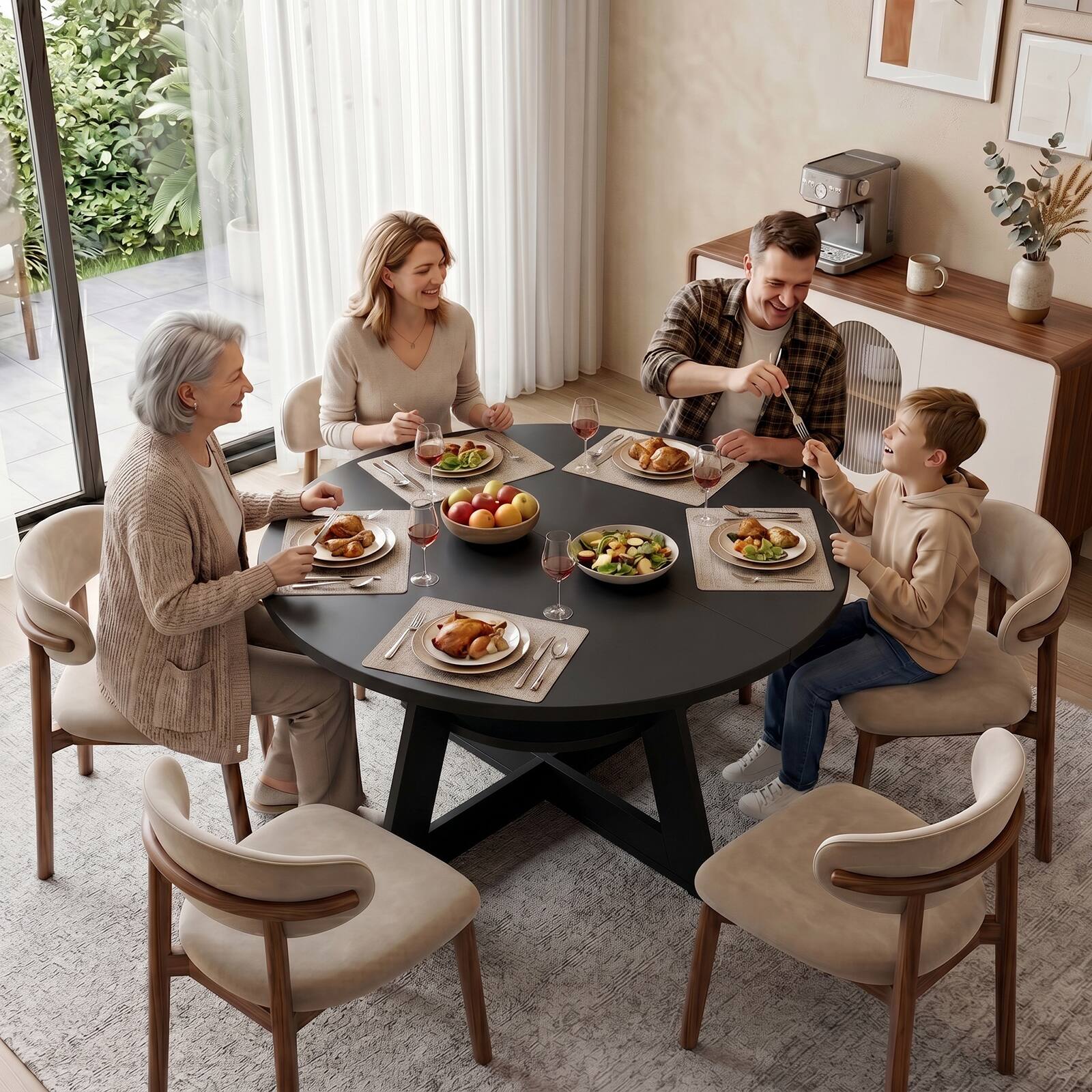 Left. Bestier - Modern Dining Table with Built-in Storage, Stable Triangular Base, Metal-Accented Legs - Black.