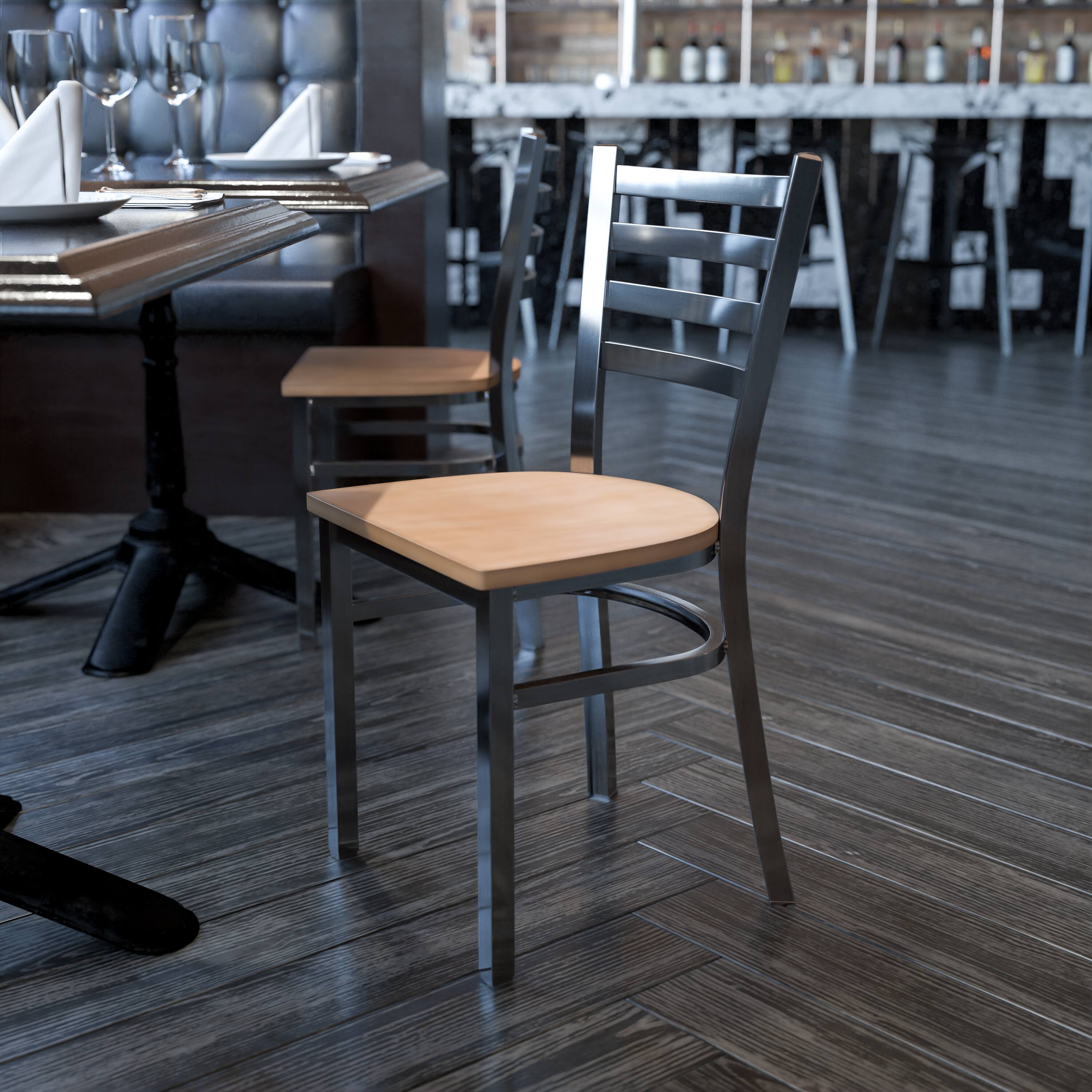 Angle. Flash Furniture - HERCULES Series Silver Antique Finish with Clear Coat Ladder Back Metal Restaurant Chair - Natural Wood Seat - Natural.