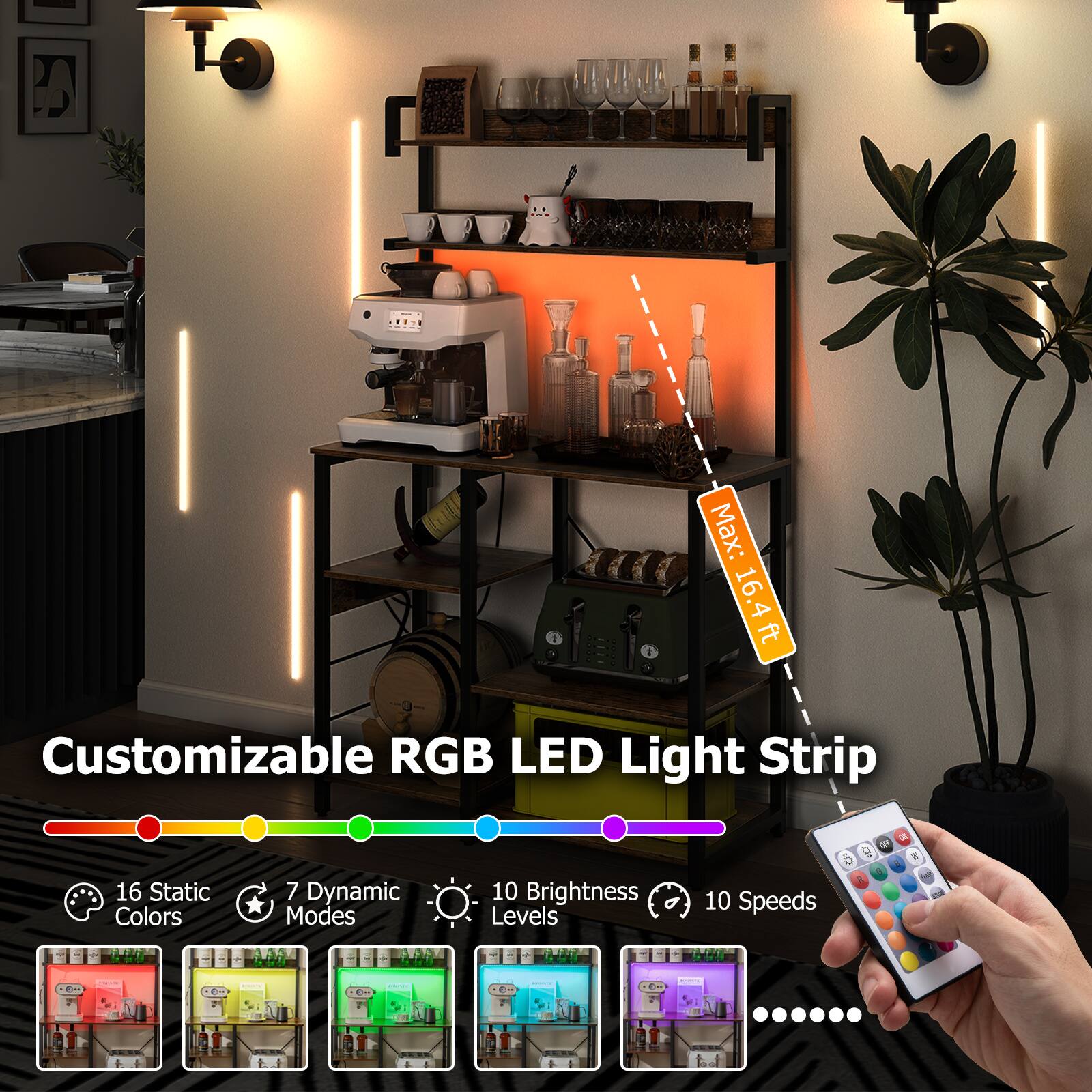Customizable RGB LED Light Strip

Max: 16.4 ft

16 Static Colors  
7 Dynamic Modes  
10 Brightness Levels  
10 Speeds