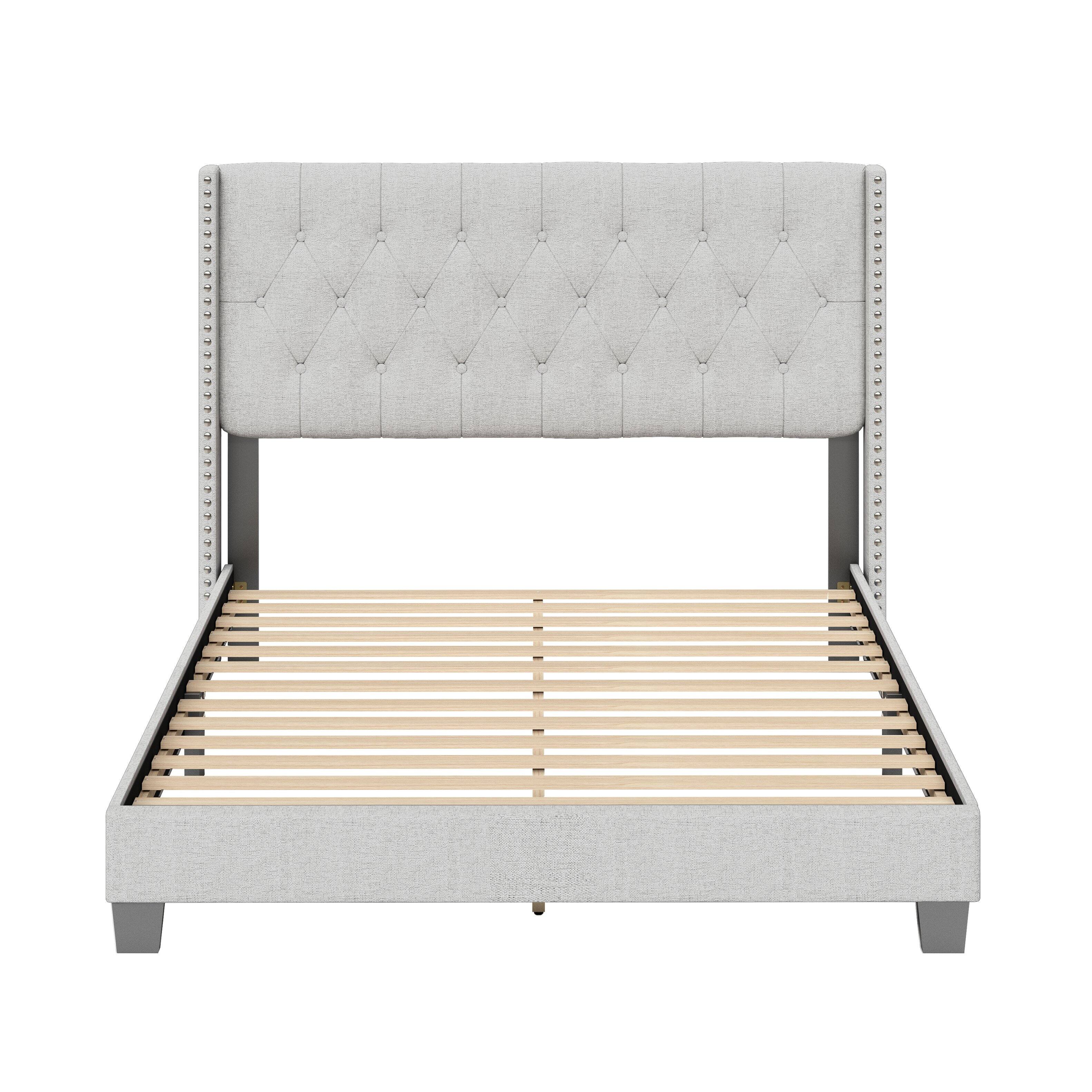 Alt View 3. Boyd Sleep - Mia Linen Platform Bed Frame with Tufted Headboard and Nailhead Trim, No Box Spring Required - Egg Shell.