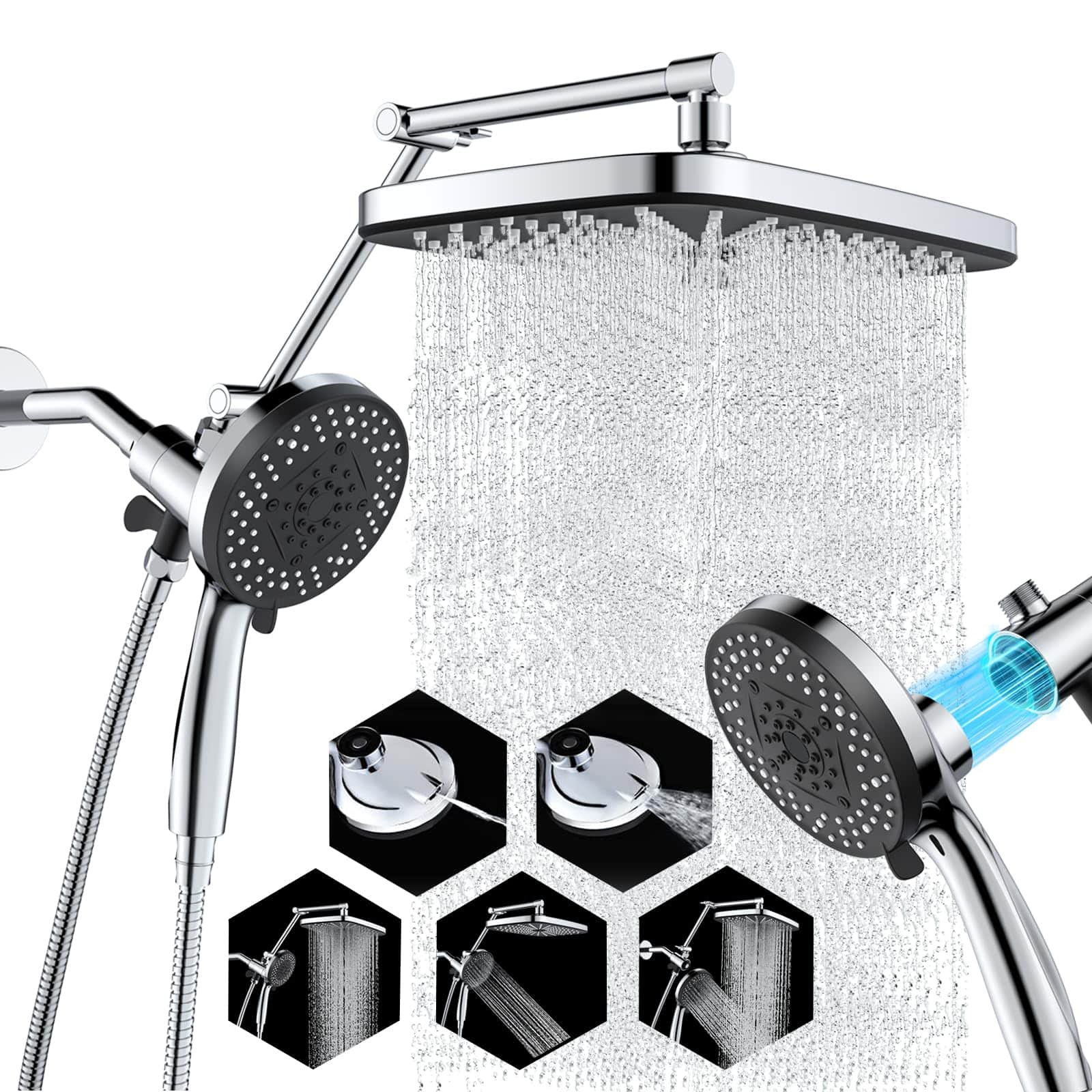 Dazzed Corner - Square High-Pressure Rain Shower Head Combo with Magnetic Handheld - Chrome