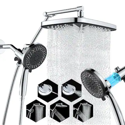 Front. Dazzed Corner - Square High-Pressure Rain Shower Head Combo with Magnetic Handheld - Chrome.