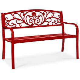 Best Choice Products - Outdoor Steel Bench Garden Patio Porch Furniture w/ Floral Design Backrest - Red