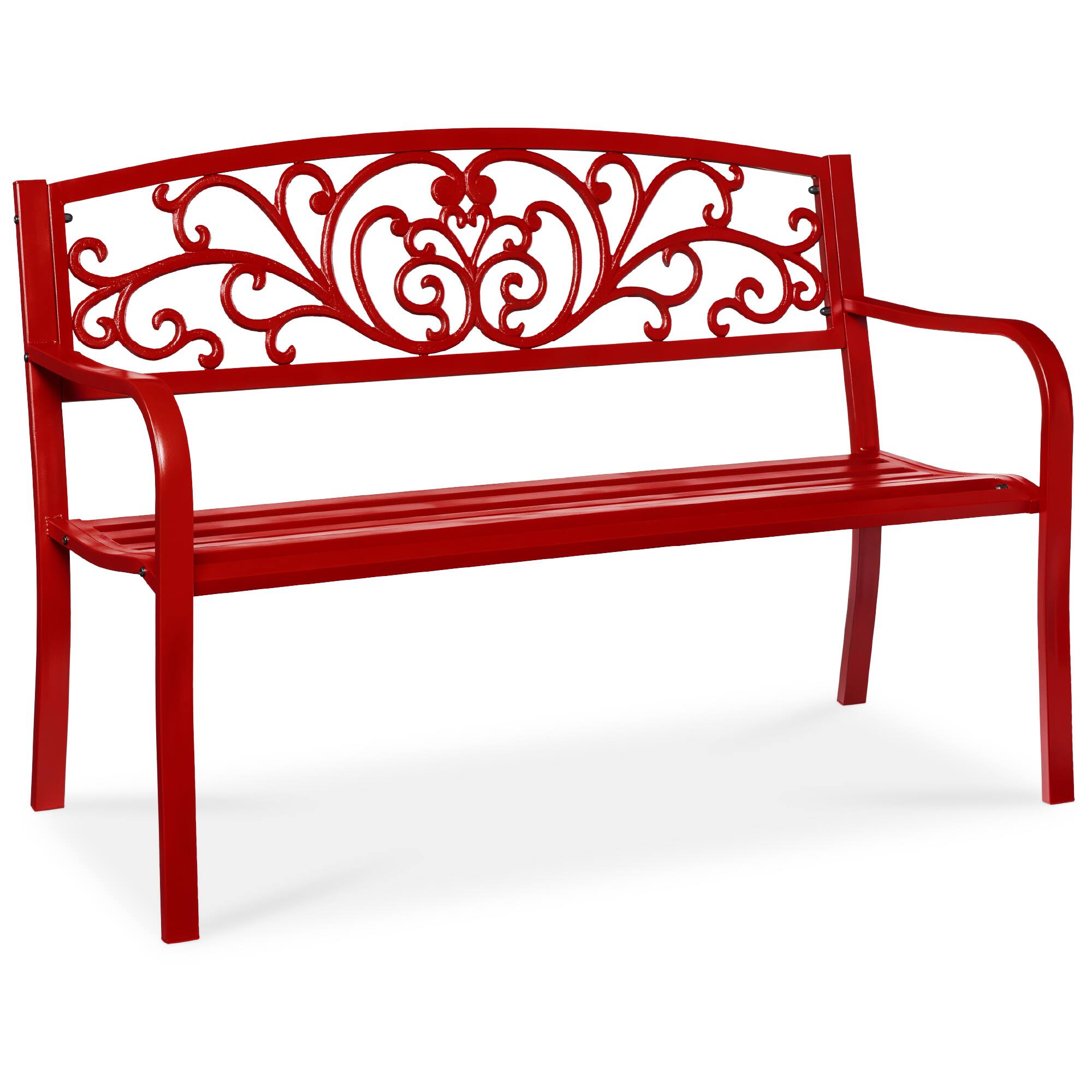 Front. Best Choice Products - Best Choice Products Outdoor Steel Bench Garden Patio Porch Furniture w/ Floral Design Backrest - Red - Red.