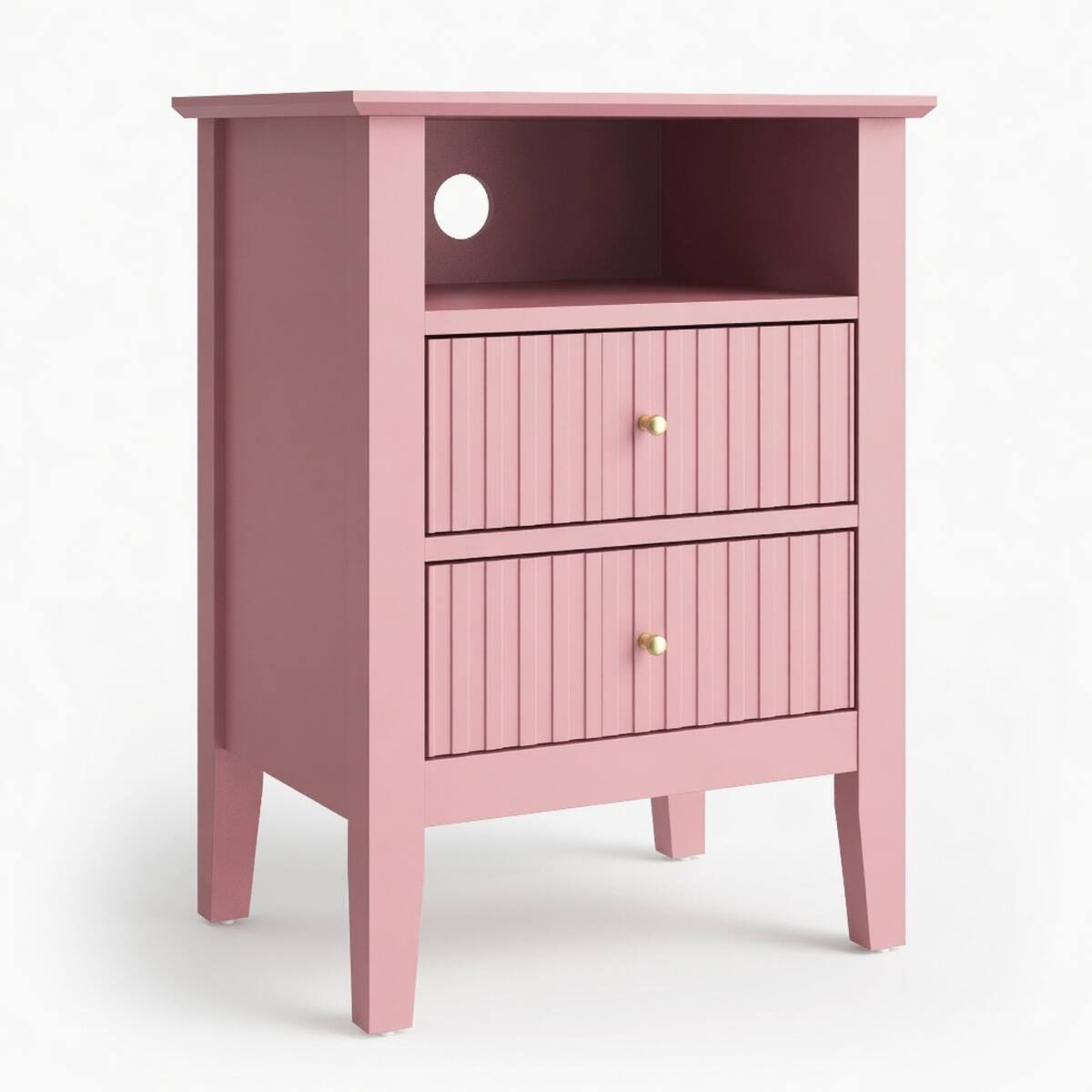 Back. Loheer - Loheer Pink Nightstand Set of 2, Fluted 2-Drawer Tables with Open Shelf, 18-Inch Wide - Pink.