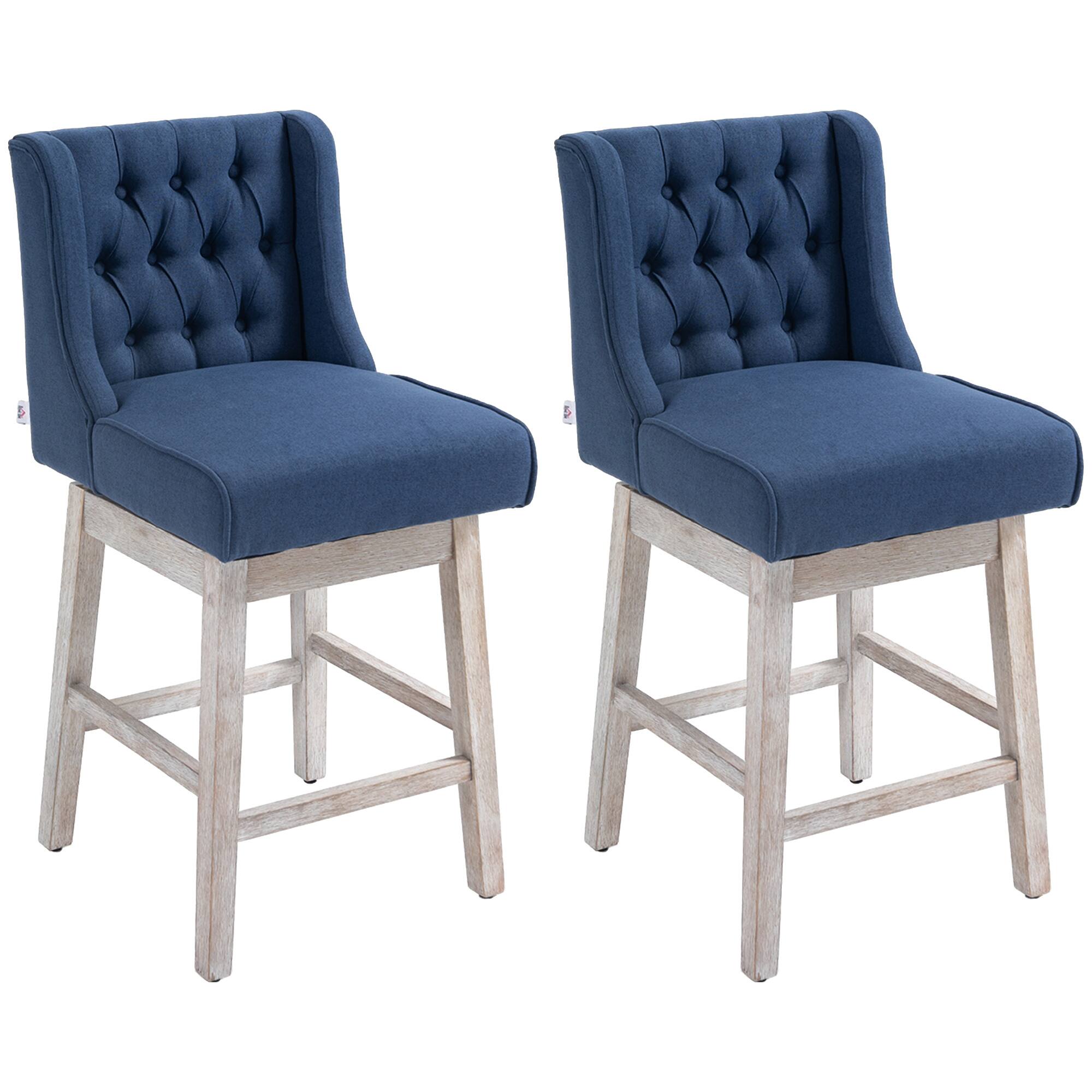 Homcom - Bar Height Bar Stools Set of 2, 180 Degree Swivel Barstools with Solid Wood Footrests and Button Tufted Design - Blue
