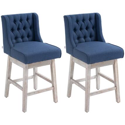 Front. Homcom - Bar Height Bar Stools Set of 2, 180 Degree Swivel Barstools with Solid Wood Footrests and Button Tufted Design - Blue.