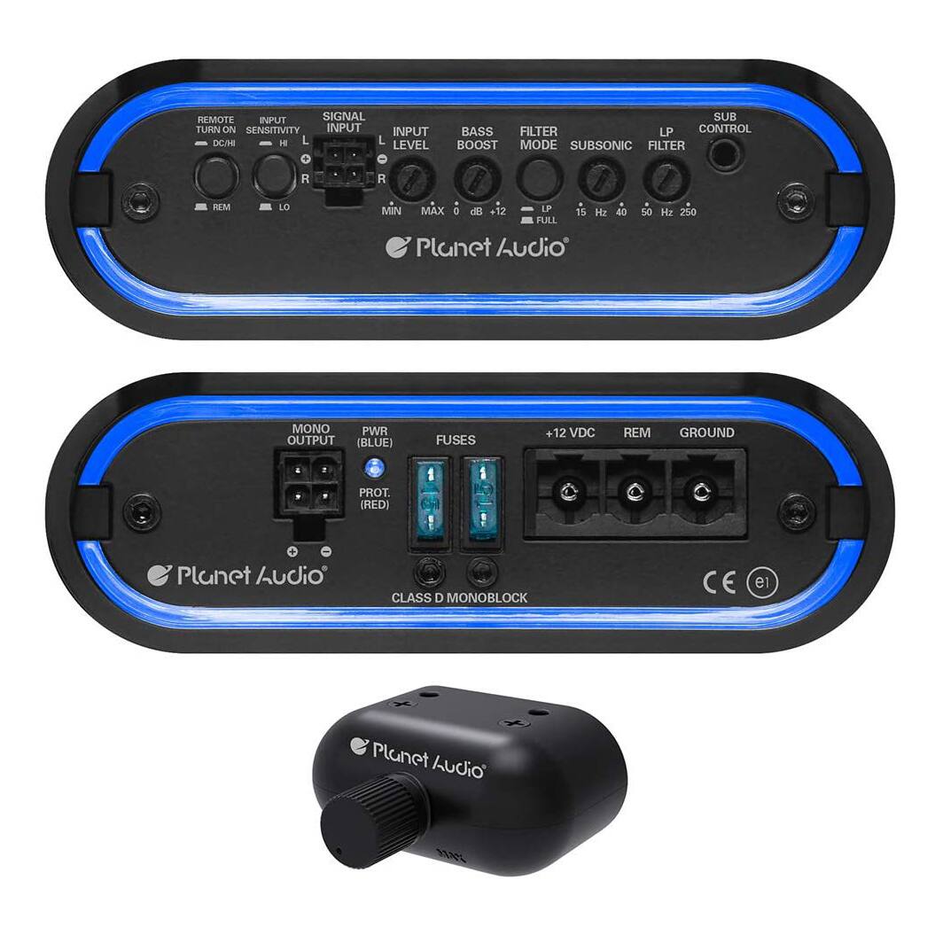 **Top Panel:**
- REMOTE TURN ON
- DC/HI
- SENSITIVITY
- SIGNAL INPUT (L, R)
- INPUT LEVEL (MIN, MAX)
- BASS BOOST (dB +12)
- FILTER MODE
- SUBSONIC FILTER (15 Hz, 40 Hz, 50 Hz, 250 Hz)
- LP FILTER
- SUB CONTROL
- Planet Audio

**Bottom Panel:**
- MONO OUTPUT (BLUE)
- PWR OUTPUT (BLUE)
- FUSES
- +12 VDC
- REM
- GROUND
- PROT. (RED)
- CLASS D MONOBLOCK
- Planet Audio

**Remote Control:**
- Planet Audio