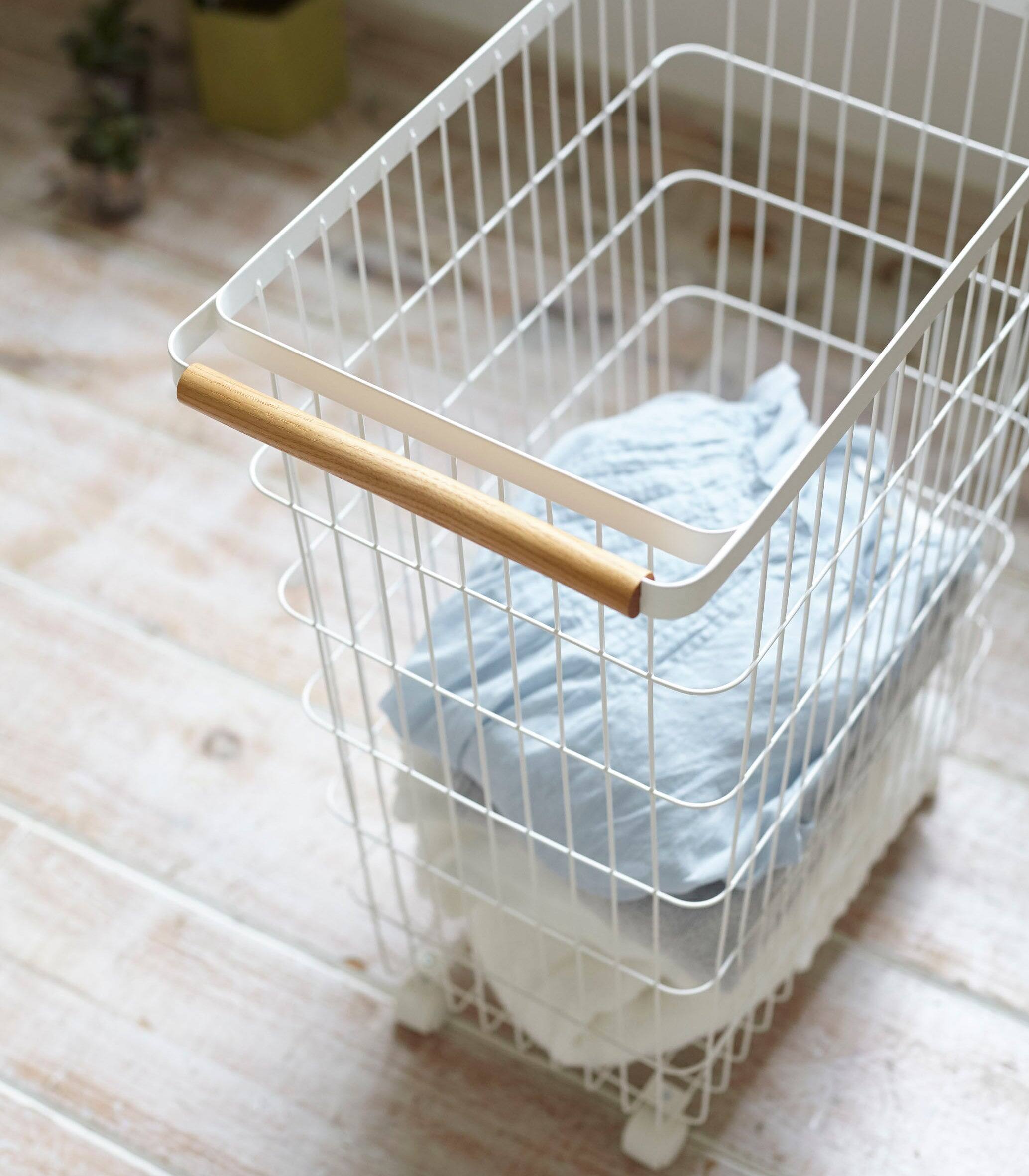 Alt View 3. Yamazaki Home - Rolling Wire Basket (24" H)  - Steel + Wood - White.