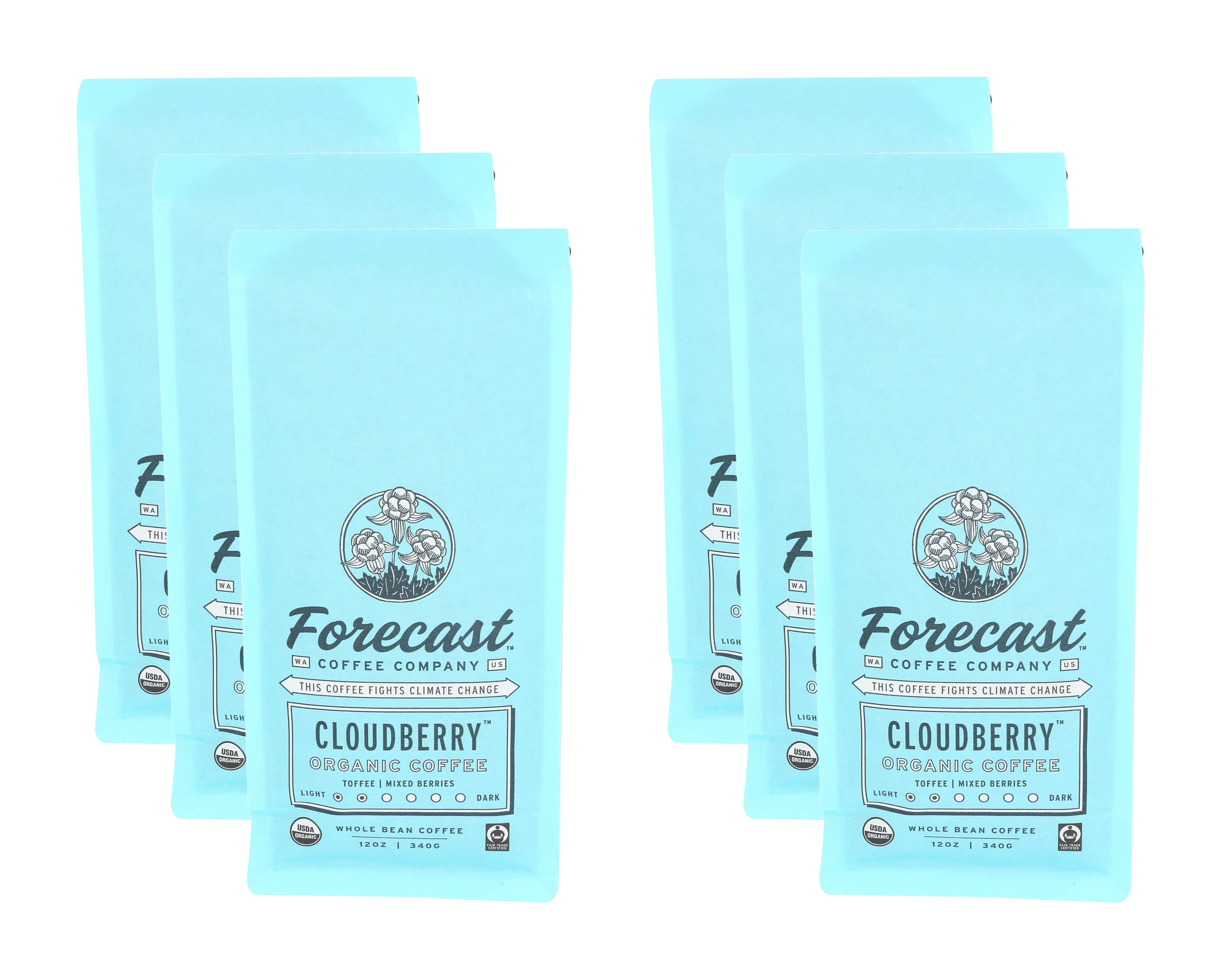 Forecast WA Coffee Company  
This Coffee Fights Climate Change  

CLOUDBERRY™  
ORGANIC COFFEE  
TOFFEE MIXED BERRIES  
LIGHT  
WHOLE BEAN COFFEE  
12OZ | 340G  

WA  
THI!  
LIGHT  
WA  
THI!  
LIGHT