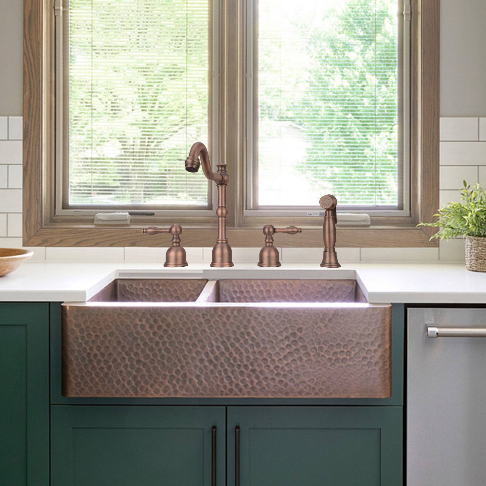 Alt View 4. Akicon - Akicon Solid Brass Two-Handles 360° Swivel Widespread Kitchen Faucet with Side Sprayer in Antique Brass - Antique Brass.