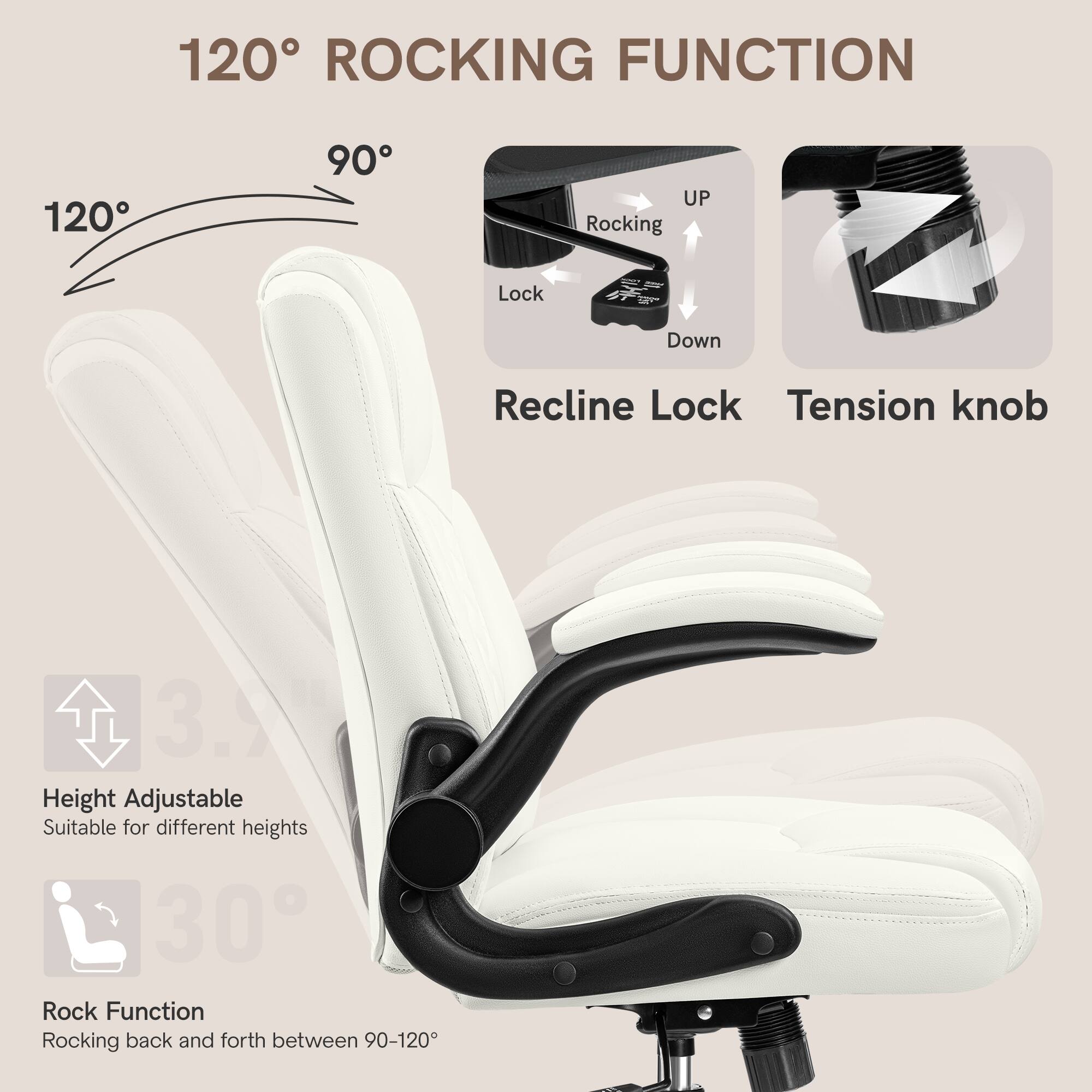 The image features a white chair with a rocking function, which allows the user to rock back and forth between 90 and 120 degrees. The chair also has a recline lock and a tension knob for added comfort and stability. The chair is height adjustable, making it suitable for different users and their preferences. The text on the image emphasizes the 120 rocking function and the 3.91 height adjustability, providing a comfortable and versatile seating option.