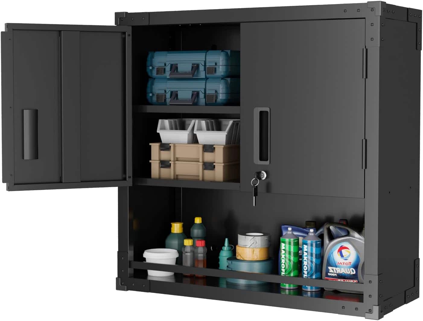 Winado - Wall-Mounted Metal Storage Cabinet Garage Wall Cabinet with 2 Doors Bottom Shelf and Adjustable Shelves for Garage, Home - Black