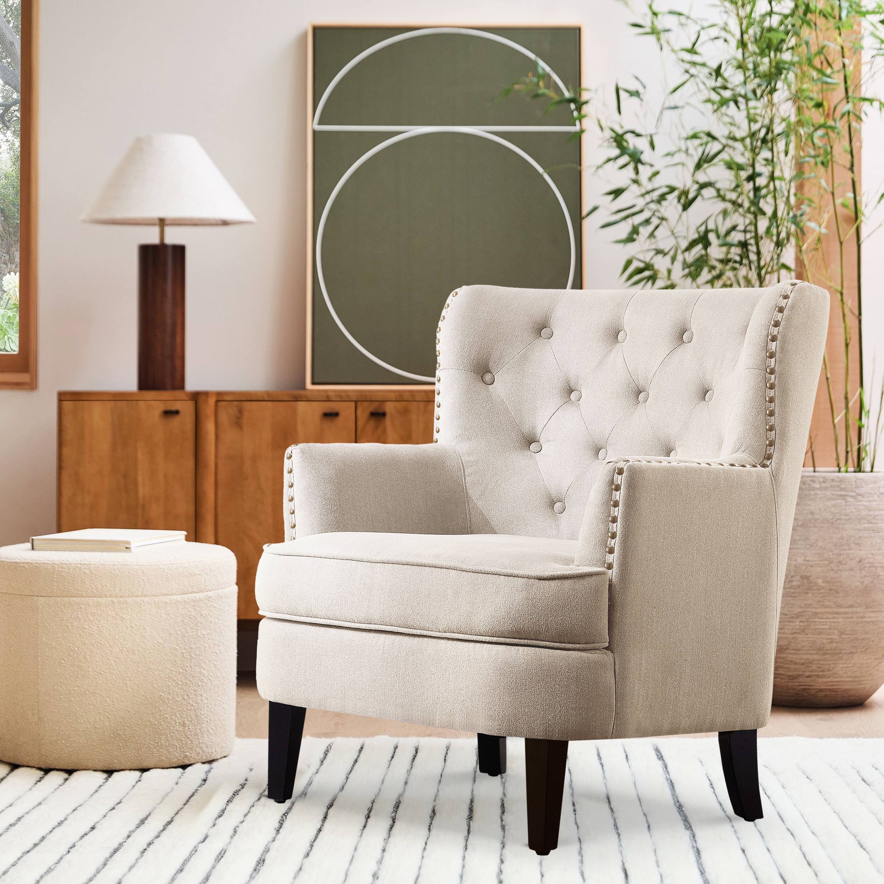 Alt View 5. Boyel Living - Velvet Button Tufted Accent Chair with Nailhead Trim and Solid Wood Legs - Beige.