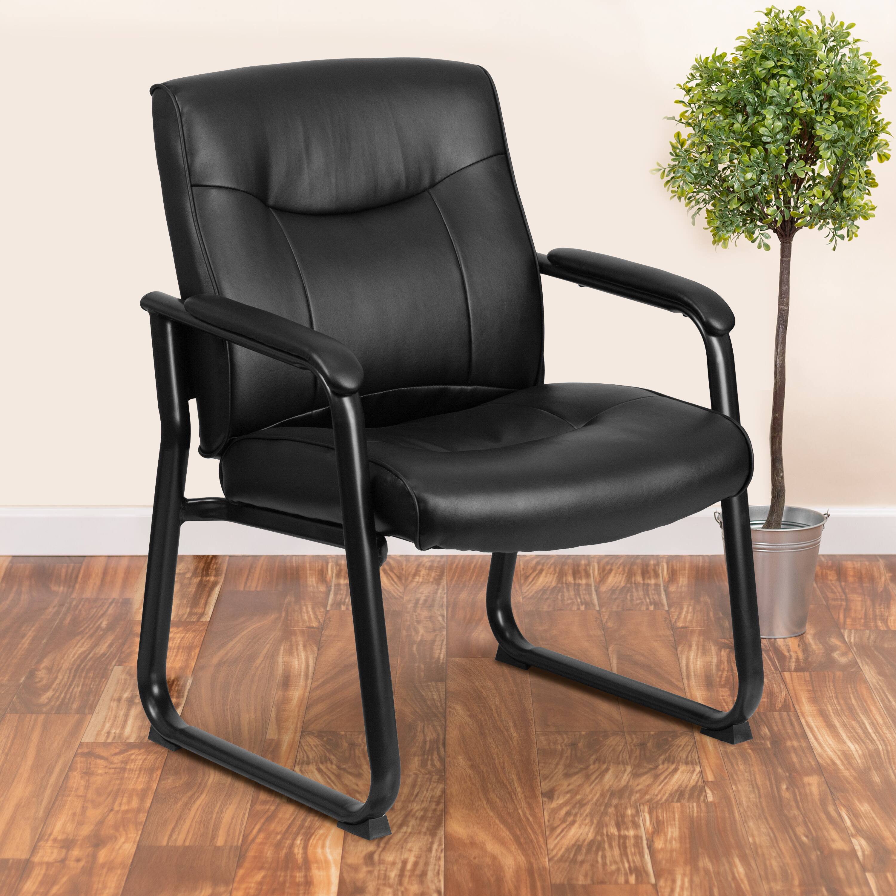 Alt View 1. Emma + Oliver - Big & Tall 500 lb. Rated Leather Executive Side Reception Chair with Clean Line Stitching and Sled Base - Black.