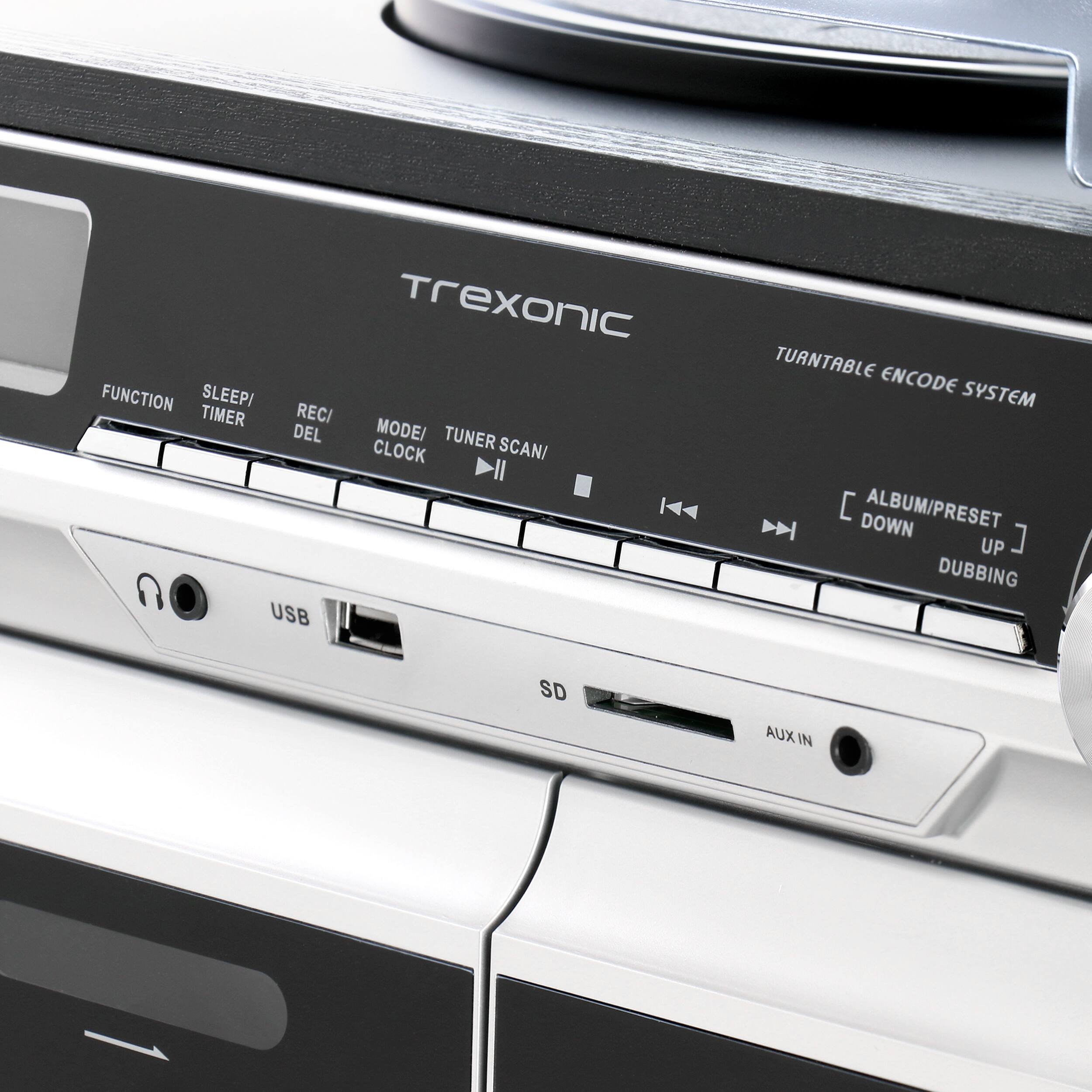 Trexonic

FUNCTION SLEEP/TIMER REC/DEL MODE/CLOCK TUNER SCAN/II

USB SD AUX IN

TURNABLE ENCODE SYSTEM

ALBUM/PRESET DOWN UP DUBBING