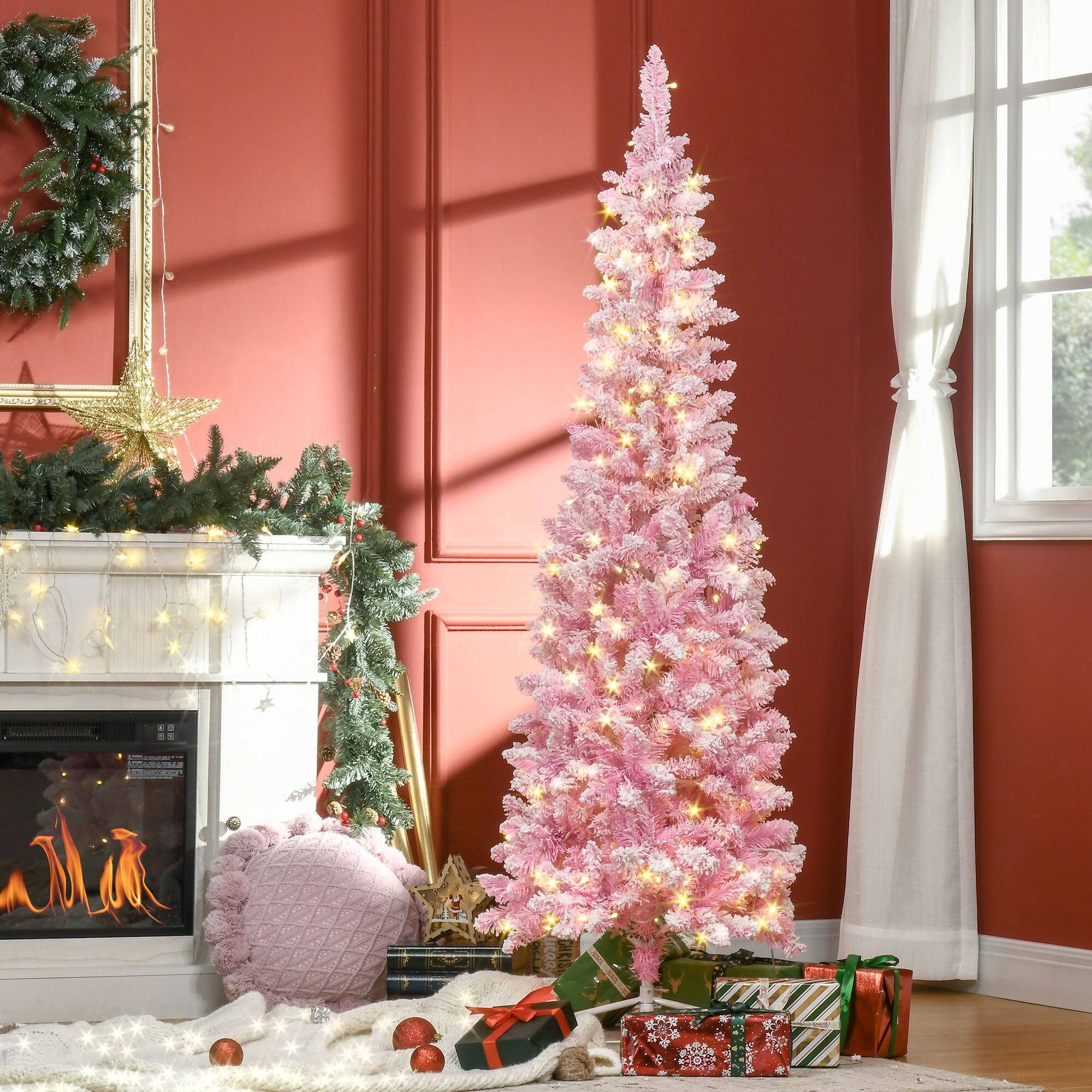 Alt View 5. Hivvago - 6ft Prelit Snow Flocked Artificial Christmas Tree with Pencil Shape - Pink.
