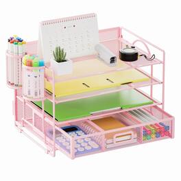 Dapper Styles - Desk Organizer And Accessories4-tier Paper File Letter Tray Accessories Workspace Organizers With Drawer 2 - Pink With Pen Holder