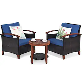 Costway - 3PCS Patio Rattan Furniture Set Solid Wood Frame Cushion Sofa Round Table Shelf - Blue
