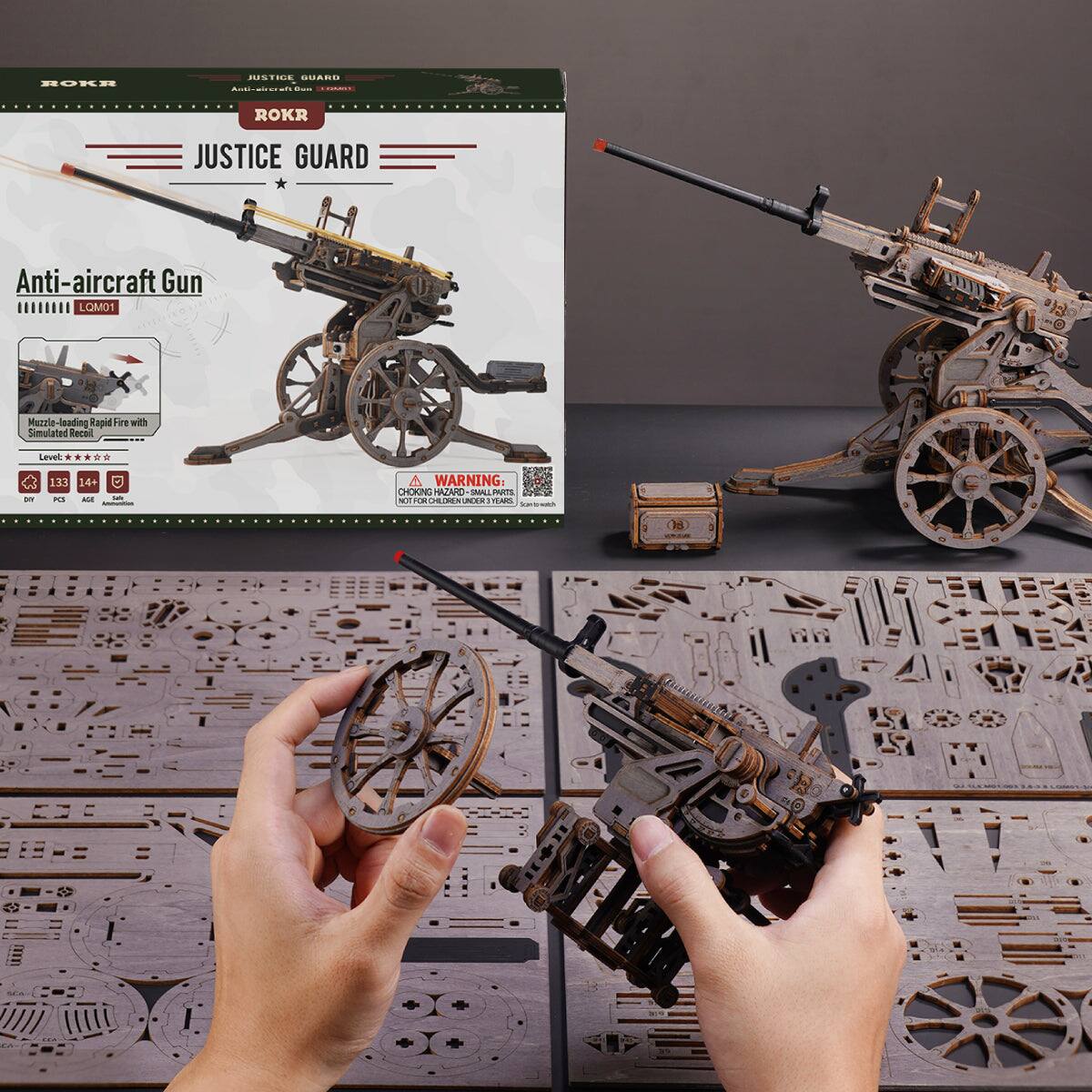 ROKR  
JUSTICE GUARD  
Anti-aircraft Gun LQM01  
Muzzle-loading Rapid Fire with Simulated Recoil  
Level: *  
DAY  
133 14+ PCS AGE  
Salte  
A WARNING: CHOKING HAZARD SMALL PARTS NOT FOR CHILDREN UNDER YEARS