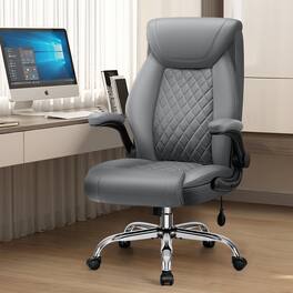 Brick Attic - Big&Tall Ergonomic Office Chai rwith Flip Up Arms, Executive Leather Computer Chair with Adjustable Lumbar Support - Gray