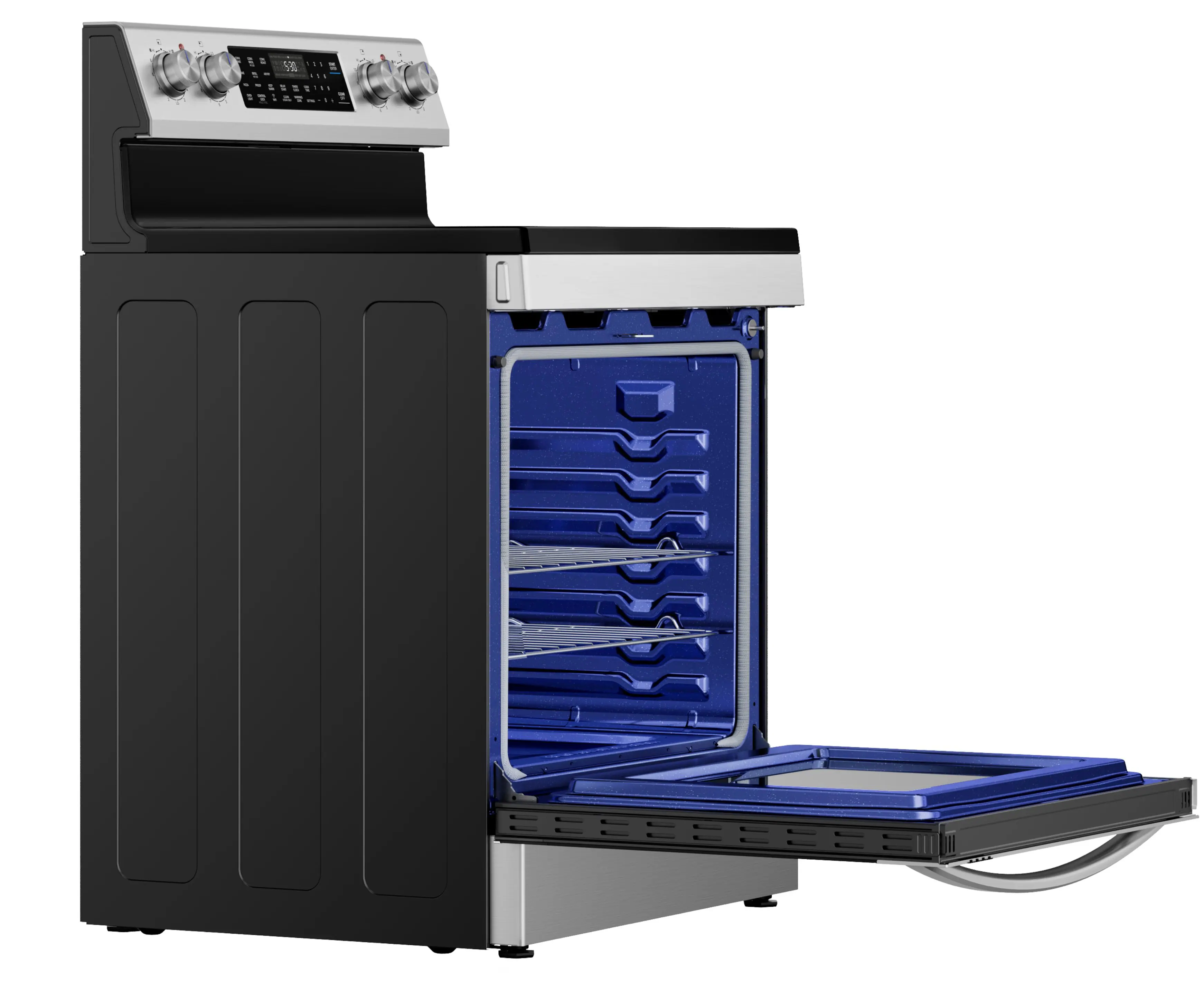 Angle. Midea - 30 in. Wide 6.3 cu. ft. 5-Element Freestanding Electric Range with Sapphire Blue Interior, Self Clean, Air Fry, WiFi - Stainless Steel.
