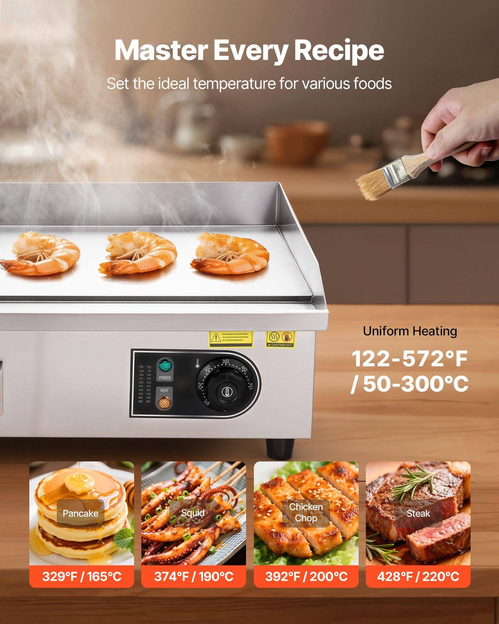 Master Every Recipe  
Set the ideal temperature for various foods

Uniform Heating  
122-572°F / 50-300°C

Pancake  
329°F / 165°C

Squid  
374°F / 190°C

Chicken Chop  
392°F / 200°C

Steak  
428°F / 220°C