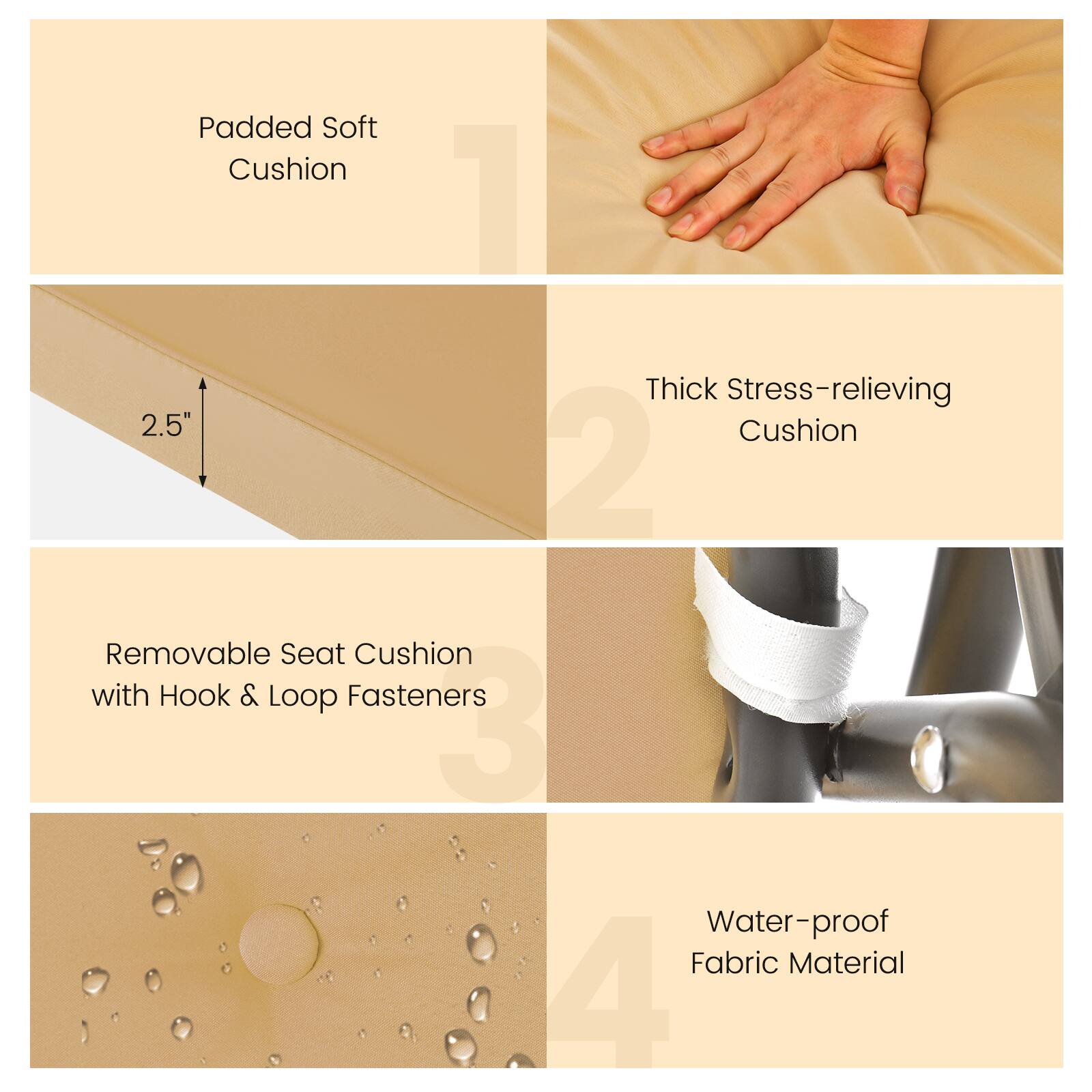 1. Padded Soft Cushion  
2. Thick Stress-relieving Cushion (2.5")  
3. Removable Seat Cushion with Hook & Loop Fasteners  
4. Water-proof Fabric Material