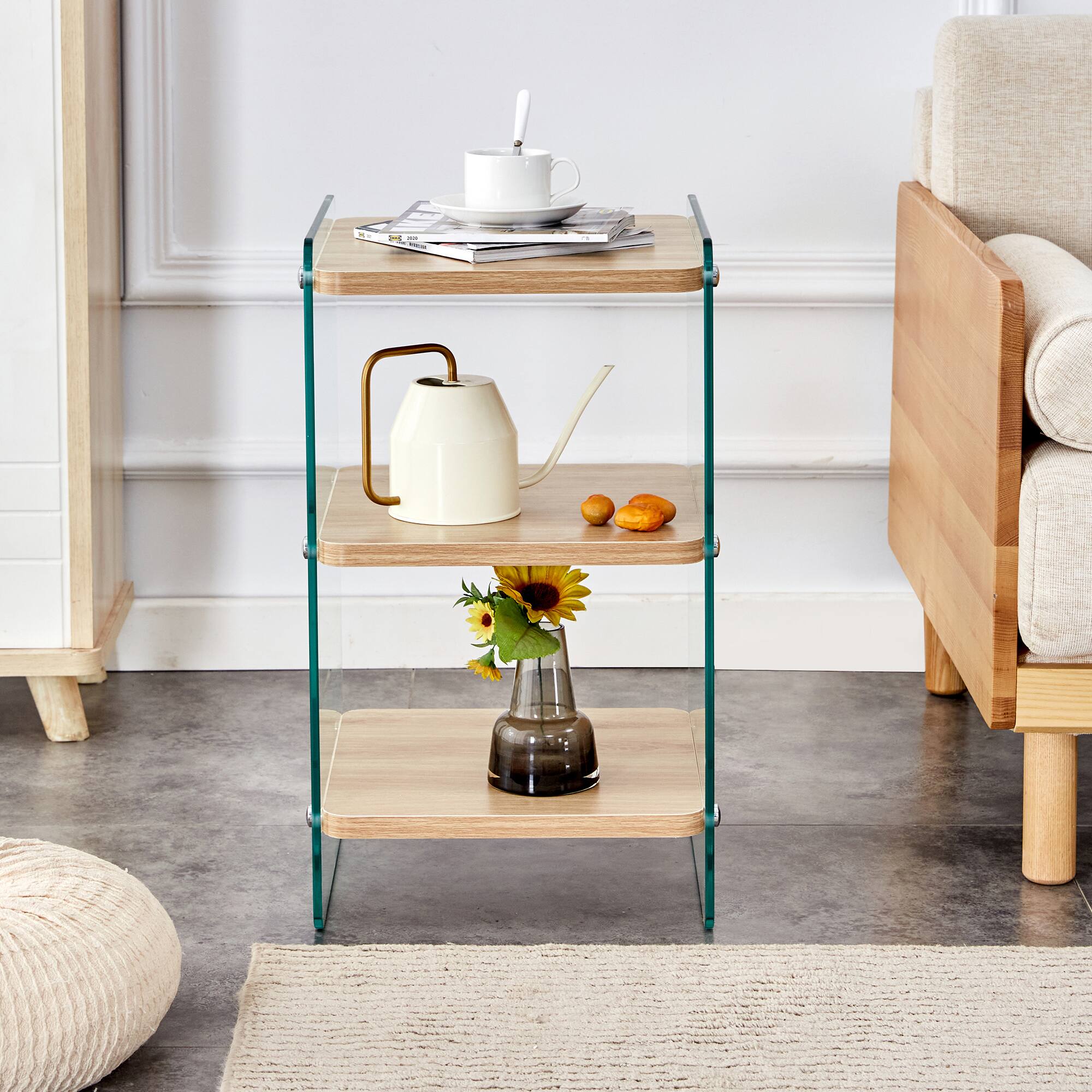 Back. Spaco - Spaco 3-Tier MDF Nightstand, Tempered Glass Sides,stand, Tempered Glass Sides, Storage Cabinet for Bedroom - Wood.